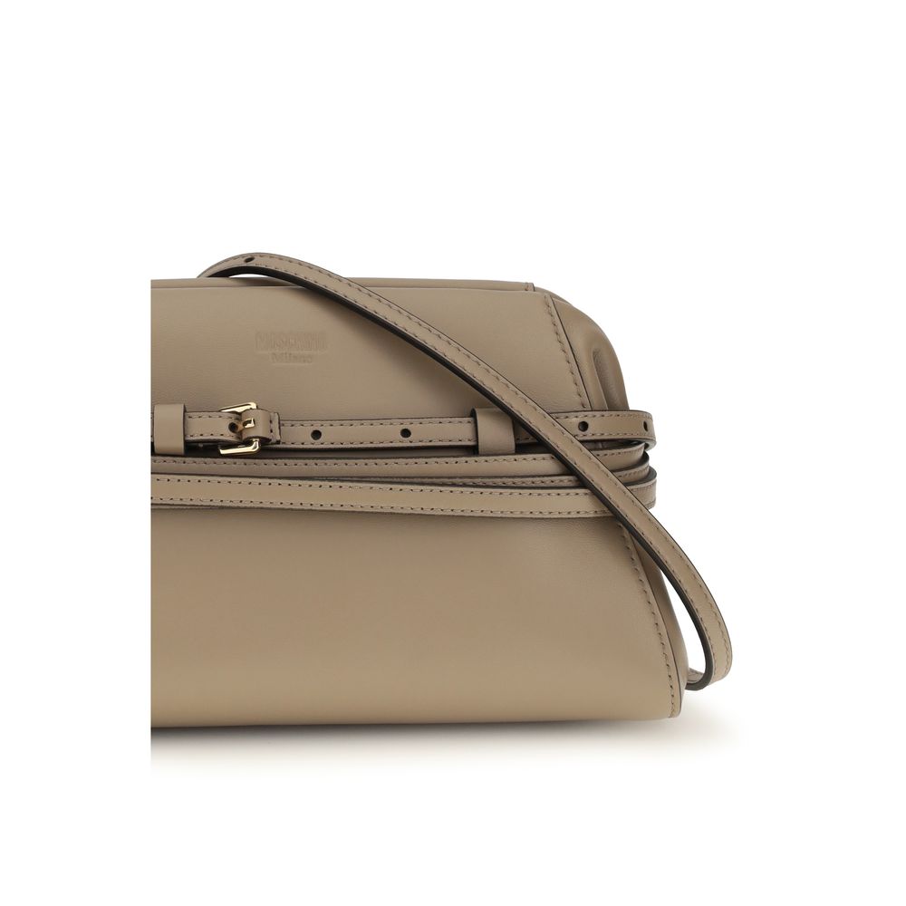 Evening Clutch Handbag by Moschino for women in goatskin leather beige & gold showcases a sculptural silhouette, featuring a secure magnetic, ample , and versatile belt-strap for a sculptural finish.