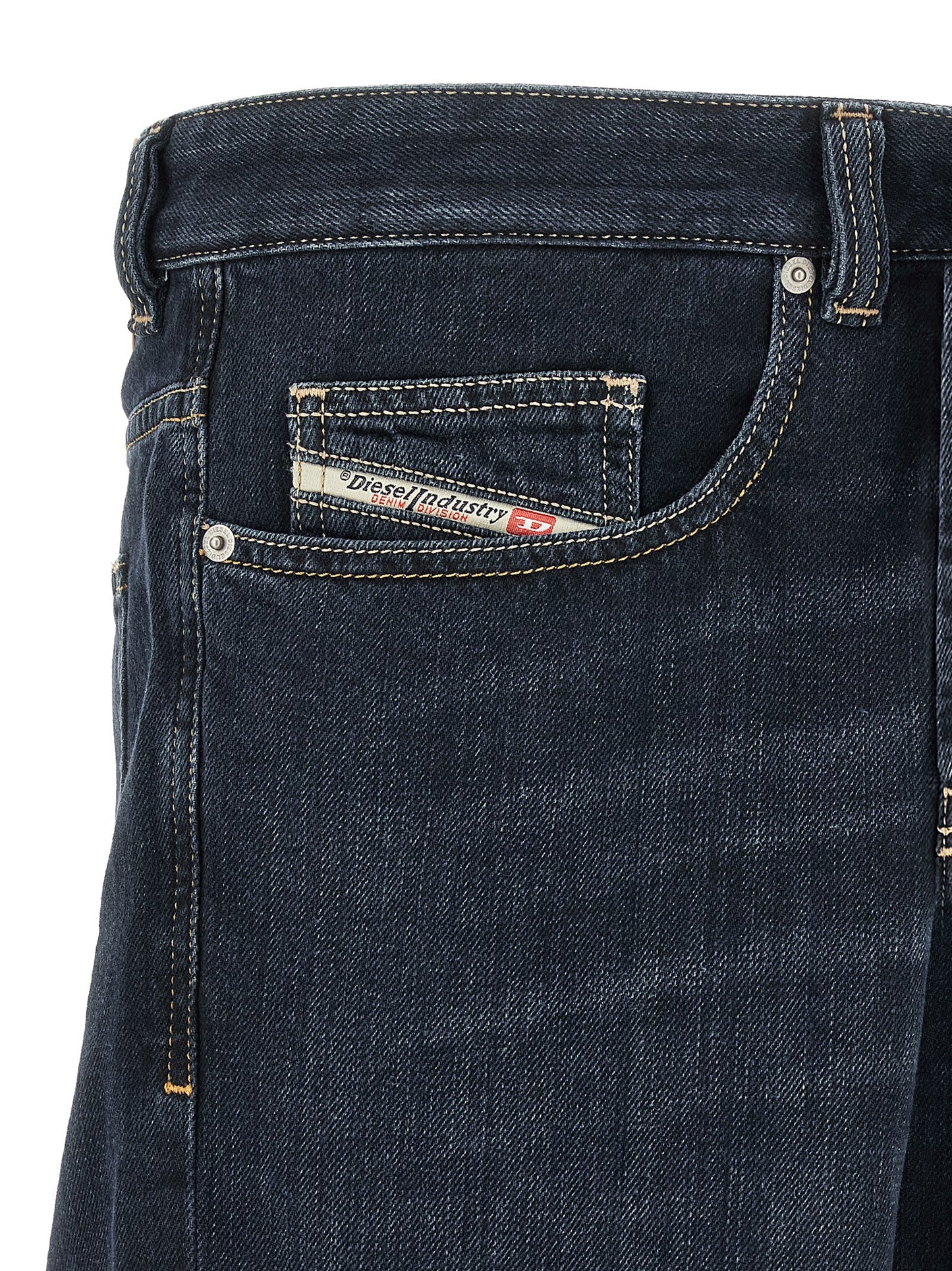 Jeans by Diesel for men in denim cotton dark-blue & signature features a polished silhouette with a polished straight-leg, relaxed-fit & wide, reaching a polished long and finished with a polished .