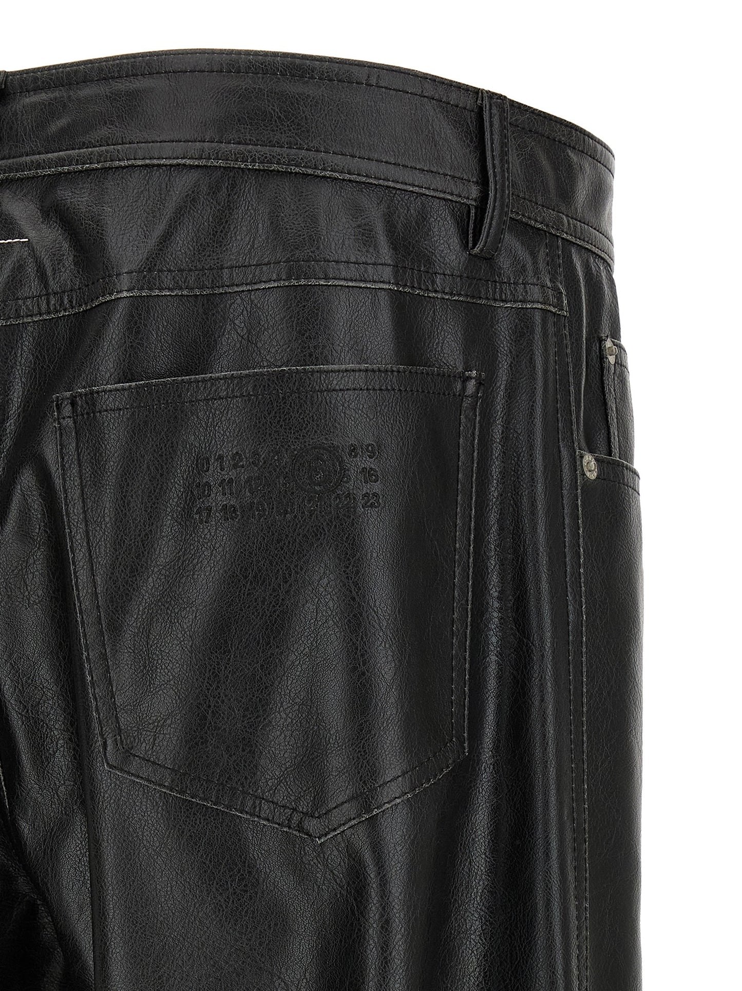 Trousers by MM6 Maison Margiela for men in polyester leather black, white & signature features a sculptural silhouette, showcasing a sculptural and long with a sophisticated for a sculptural finish.