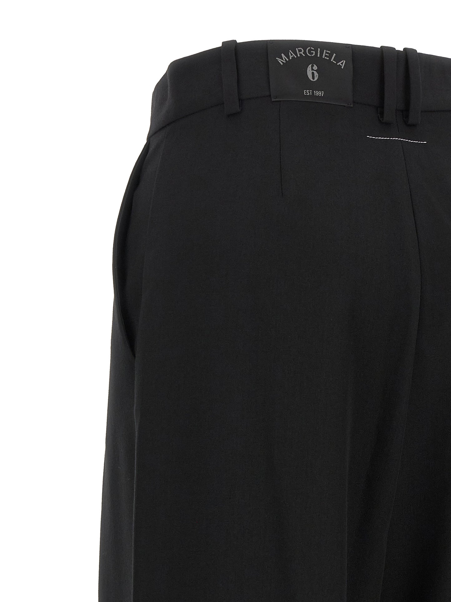 Trousers by MM6 Maison Margiela for women in polyester & virgin wool black, white & jacquard features an on trend silhouette, showcasing a sophisticated wide with a long and high rise for an on trend finish.