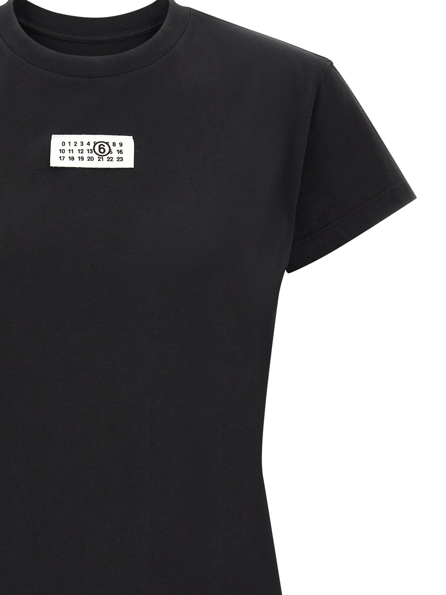 T-Shirt by MM6 Maison Margiela for women in cotton black, white & signature showcases a unassuming silhouette, artfully detailed with a refined and unassuming for a sophisticated, contemporary look.