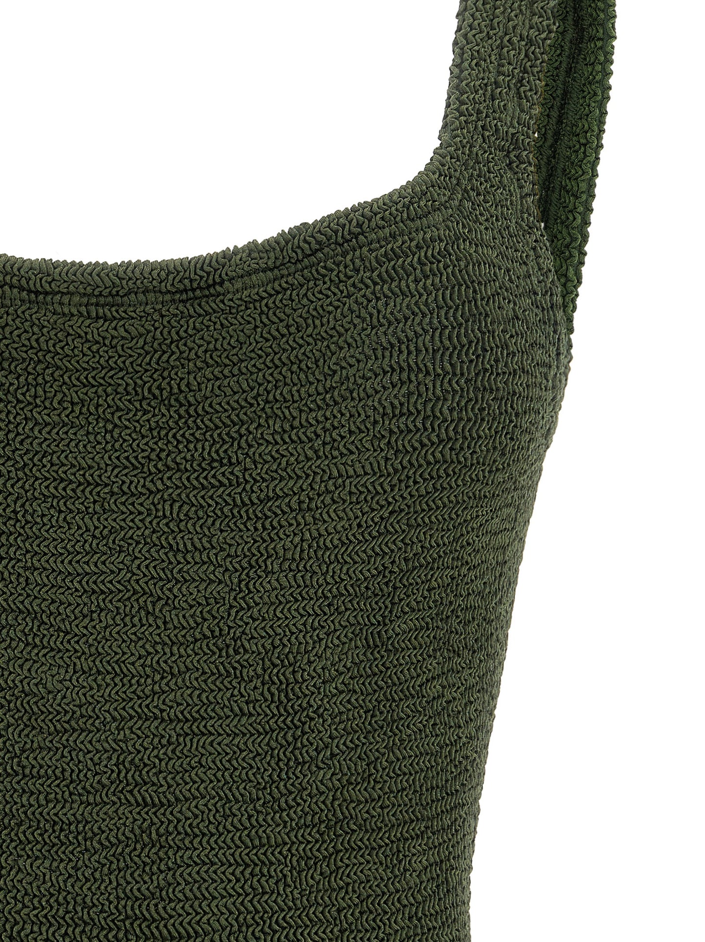 One-Piece Swimsuit by Hunza G for women in stretch polyamide bicolour, green & khaki features an jaw dropping silhouette, showcasing the jaw dropping Women's Stretch Polyamide One-Piece Swimsuit design with a sophisticated cut for a jaw dropping finish.