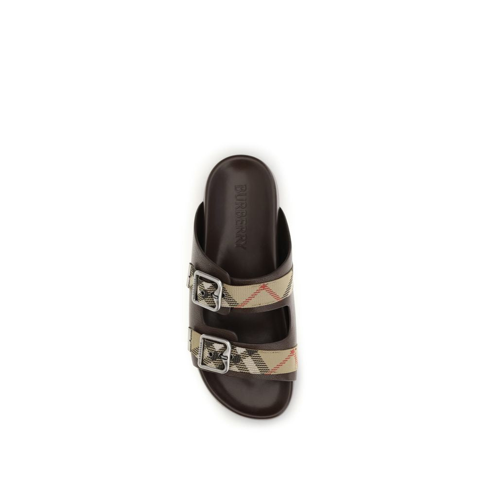 Flat Sandals by Burberry for men in polyamide polyester goatskin & lamb leather beige, brown, sand, jacquard & signature presents a sculptural silhouette, showcasing the Men's Polyamide Polyester Goatskin & Lamb Leather Flat Sandals design with a sculptural flat and for a premium look.