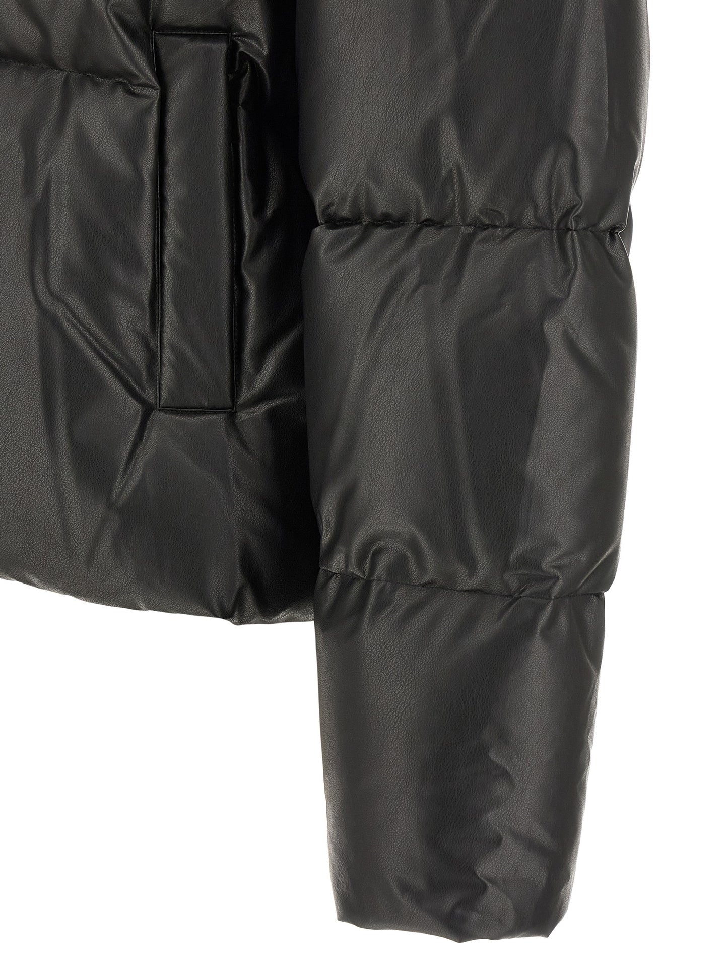 Hooded Puffer Jacket by MM6 Maison Margiela for men in polyester & viscose black, white & signature features a dramatic silhouette, showcasing a sophisticated and distinctive hooded & insulated for a dramatic aesthetic.