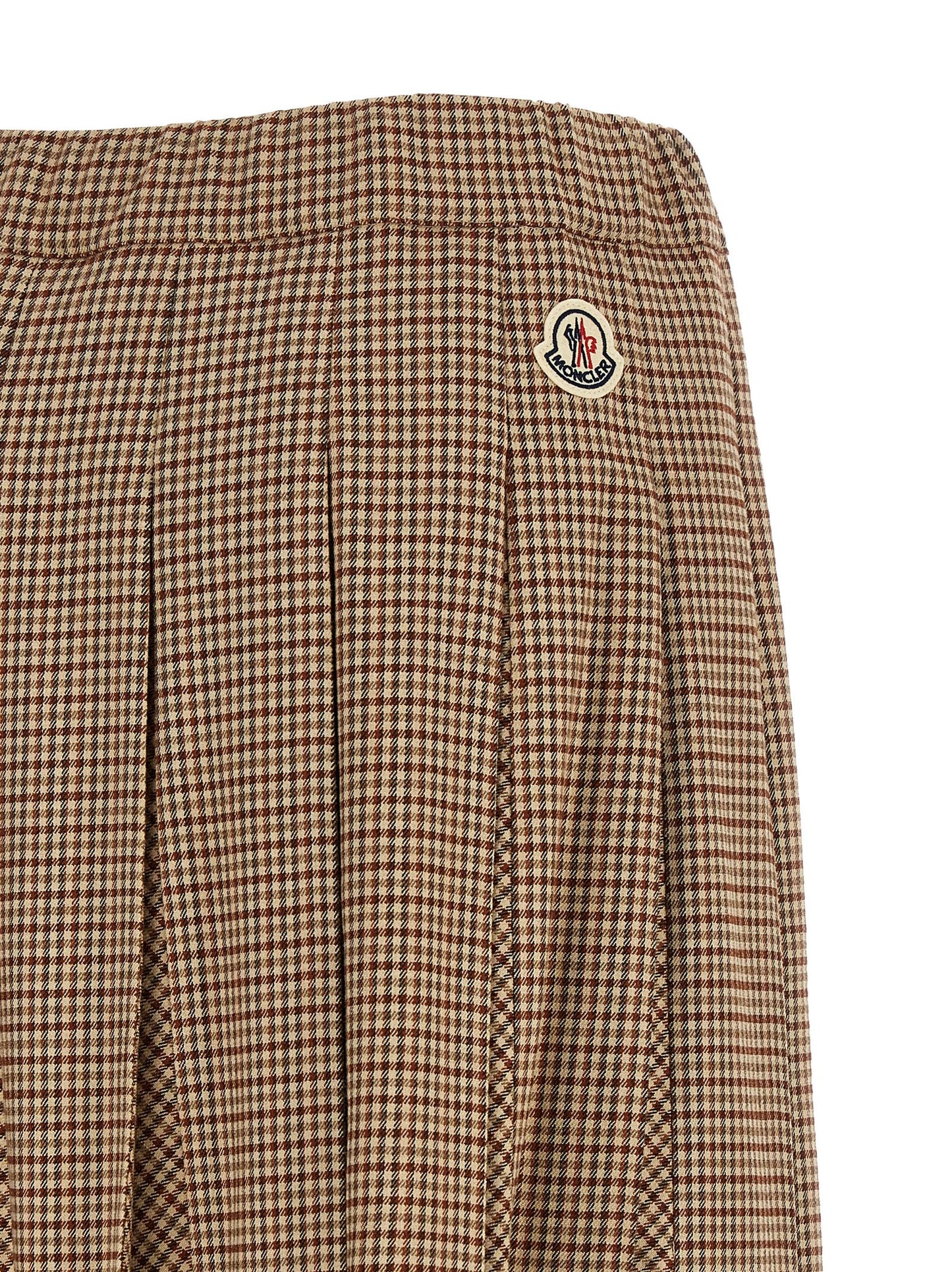 Skirt by Moncler for women in viscose & virgin wool beige, brown, gold & patterned features a sublime silhouette, showcasing the sublime design of the Ribbon Women's Pleated Viscose & Virgin Wool Midi Skirt in a sophisticated midi.