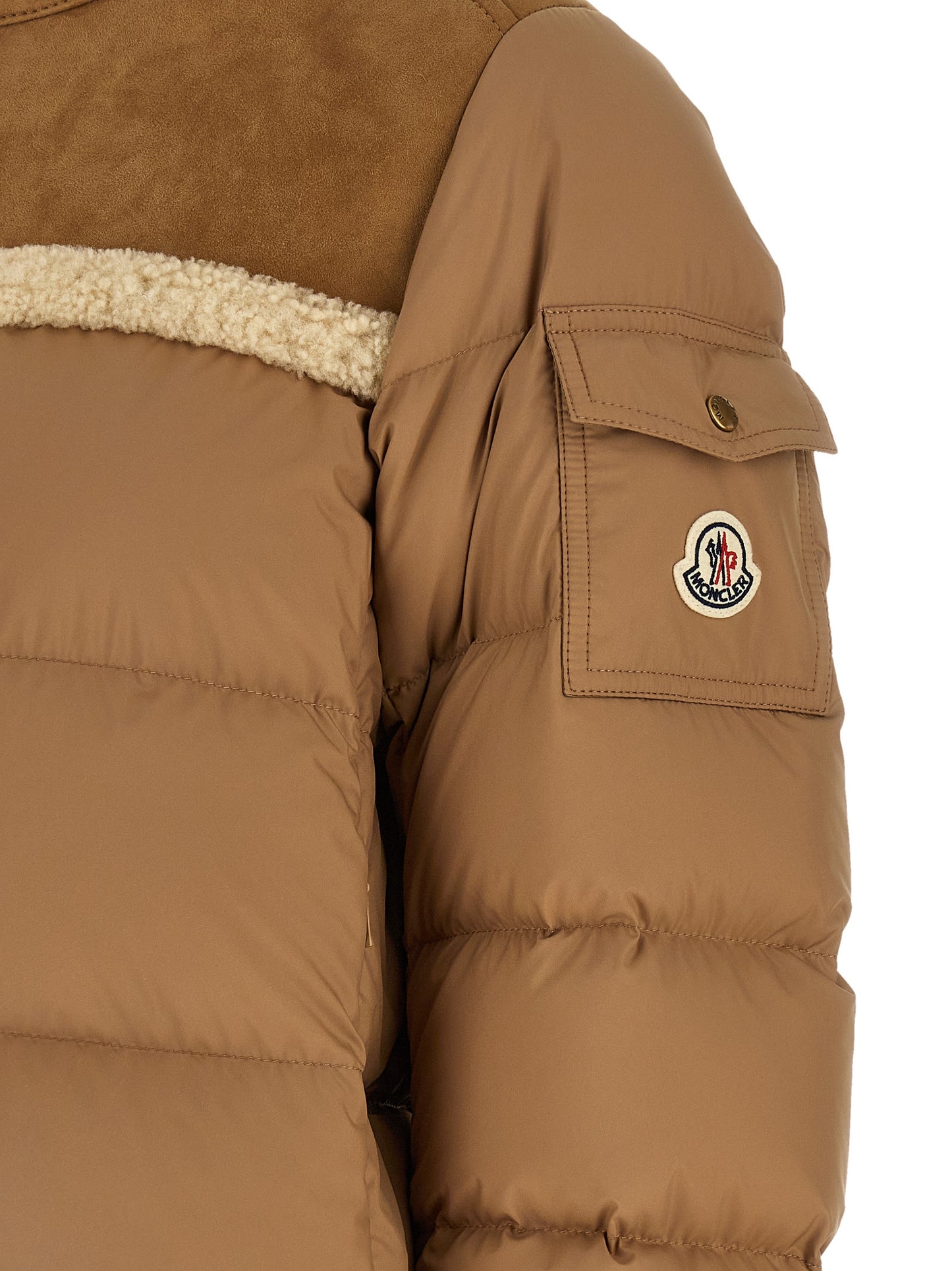 Puffer Jacket by Moncler for women in polyester suede leather beige features an on trend silhouette, showcasing refined pockets & insulated and a sophisticated for a truly on trend finish.
