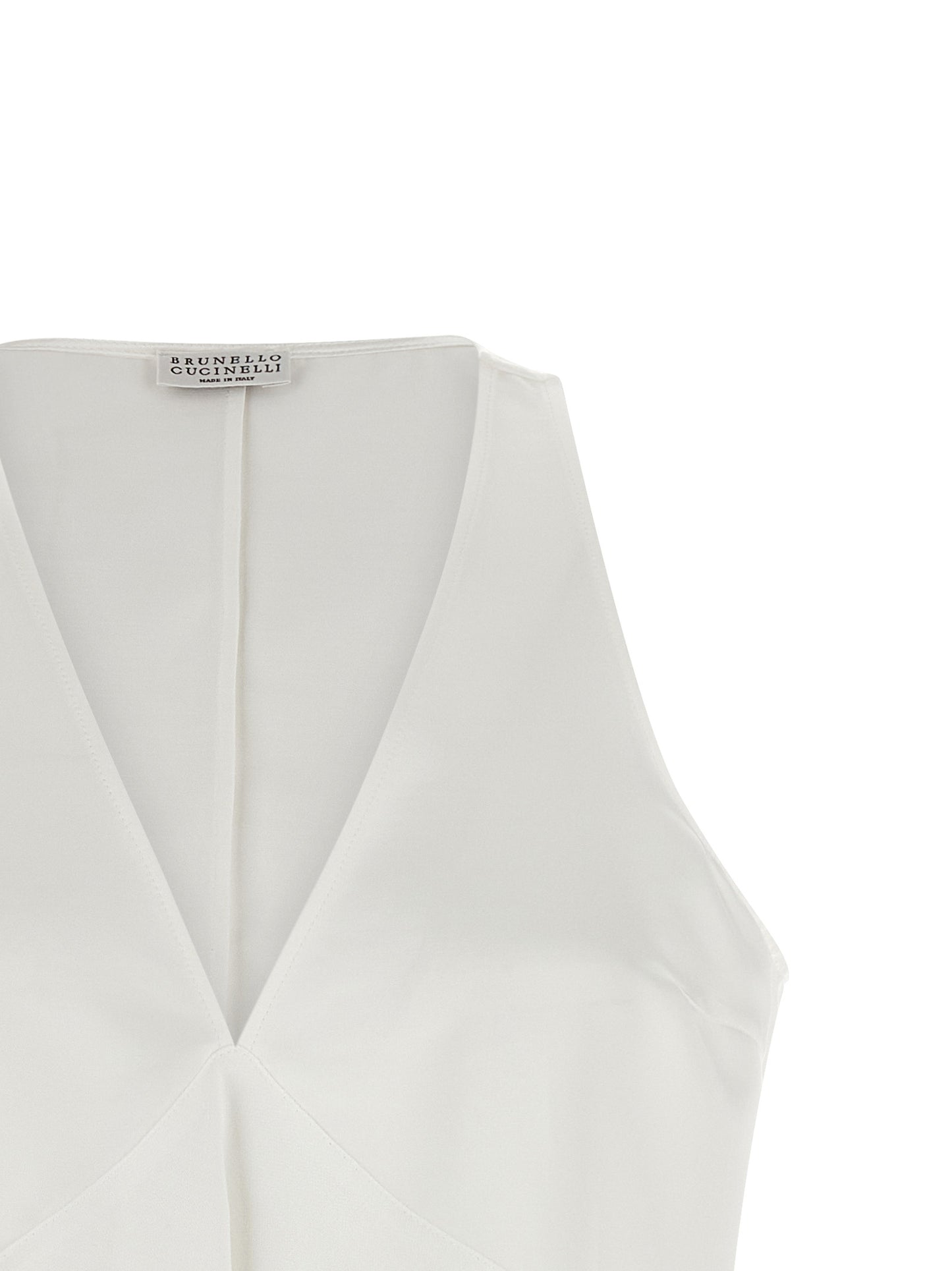Shirt by Brunello Cucinelli for women in cotton silk satin twill white features an architectural silhouette with a refined and elegant v-neck neckline for a architectural look.