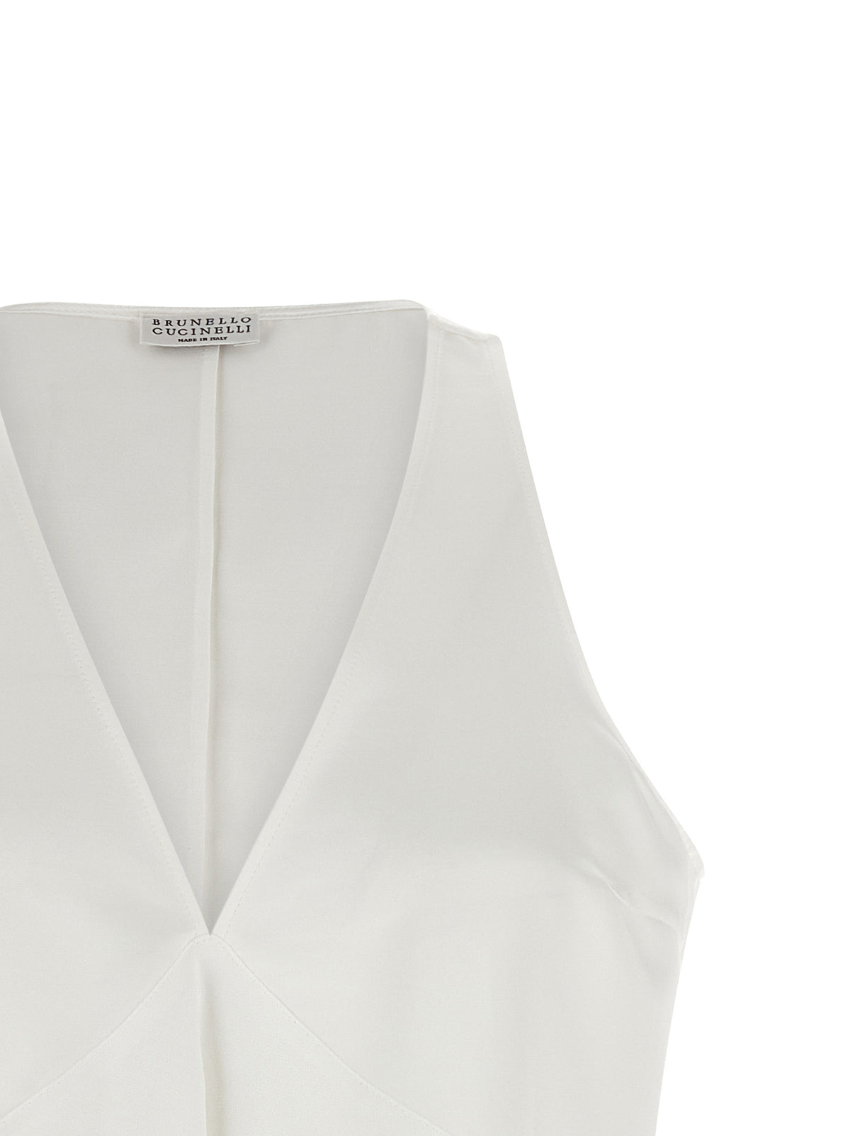 Brunello Cucinelli Women's Flared Sleeveless V Neck Cotton Silk Satin Twill Shirt - White