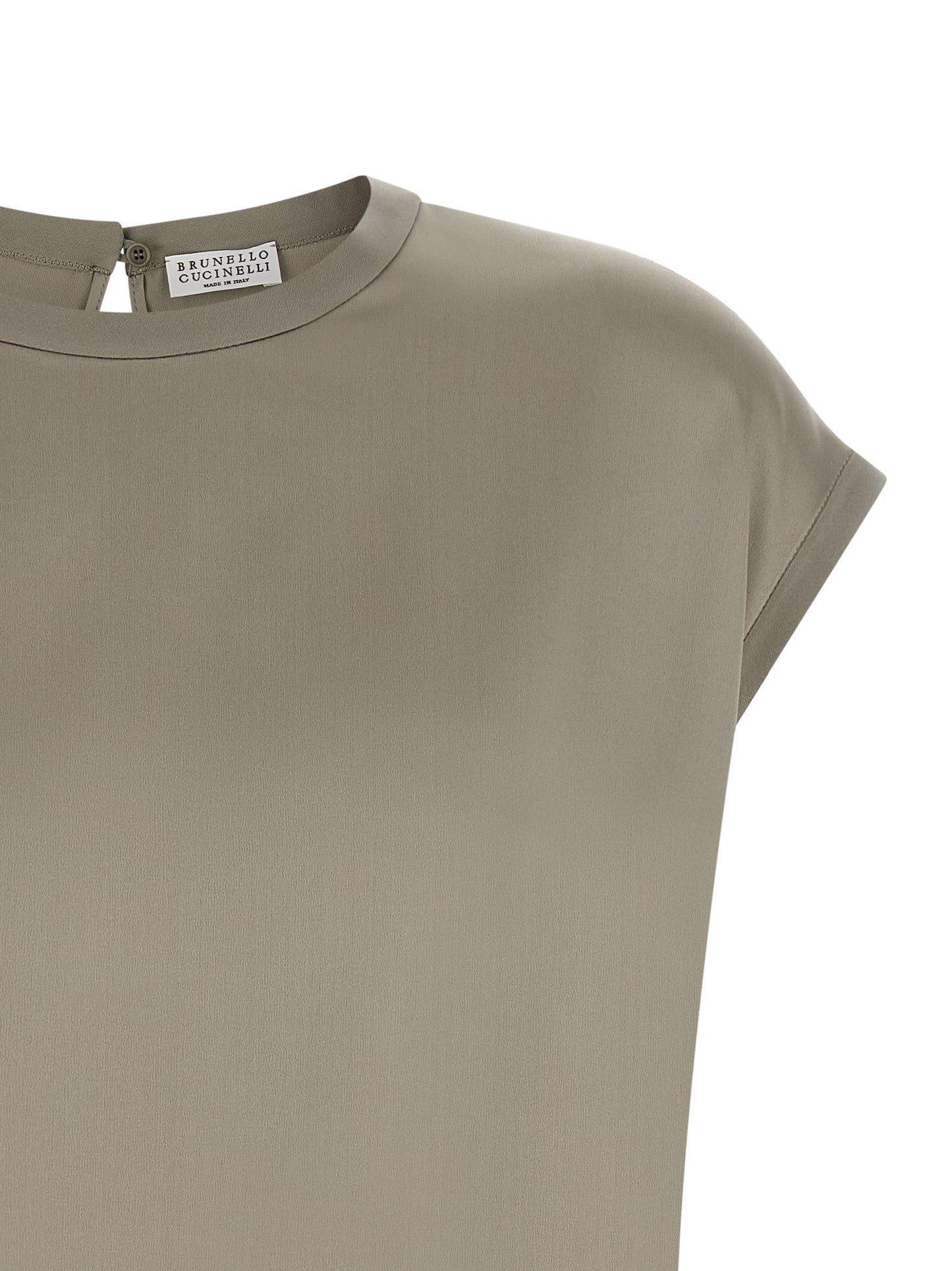 Blouse by Brunello Cucinelli for women in silk satin bicolour, green & signature showcases a sleek silhouette, elegantly detailed with a sleek and for a sleek finish.