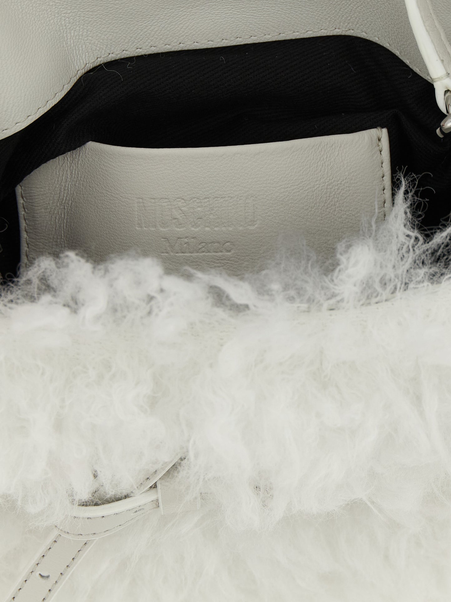 Small Handbag by Moschino for women in leather & velvet silver & white features a ornamental silhouette, showcasing a secure buckle, ample , and ornamental shoulder-strap, handle, adjustable-strap & belt-strap for a sophisticated look.