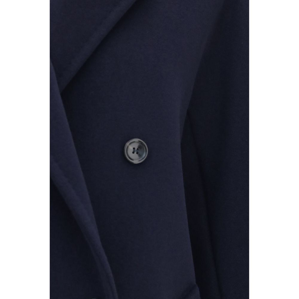 Overcoat by Max Mara for women in cashmere merino wool & capra leather blue features an satoral silhouette, showcasing a sophisticated and satoral pockets for a premium, timeless look.