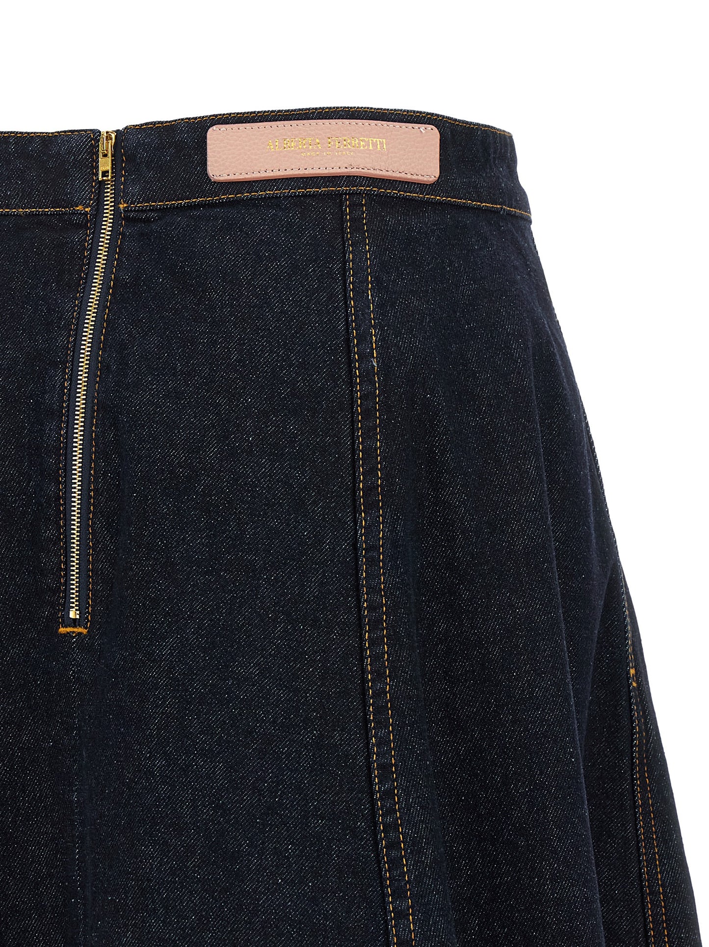 Skirt by Alberta Ferretti for women in denim cotton & acrylic fiber blue features a contoured silhouette from the Women's Denim Flared Cotton & Acrylic Fiber Maxi Mini Skirt collection, characterized by its contoured maxi mini for a contoured finish.