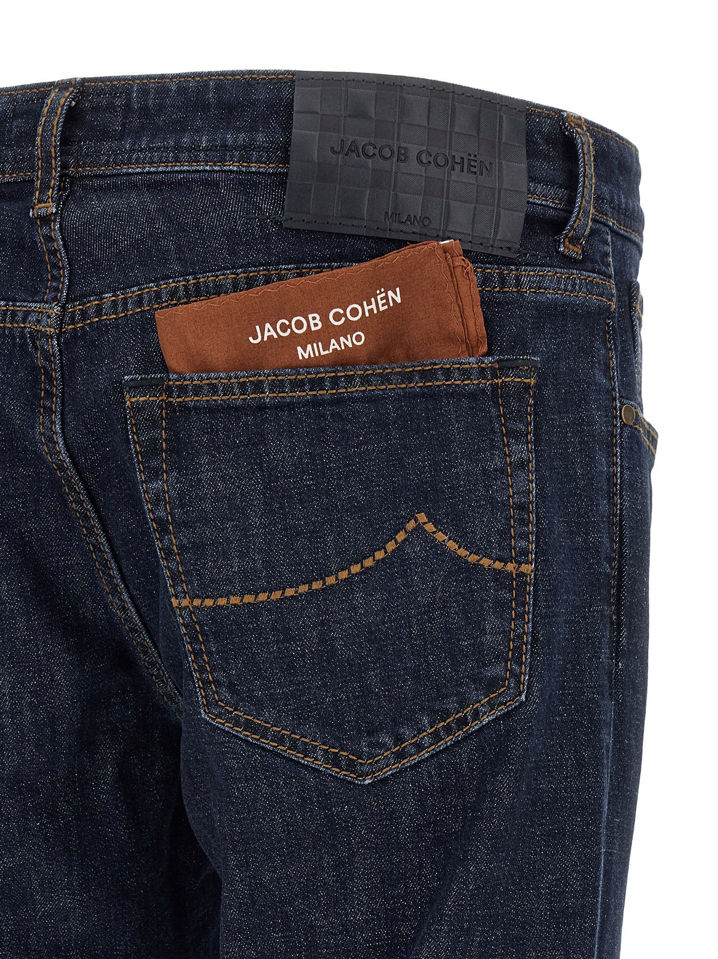 Jeans by Jacob Cohen for men in stretch denim cotton black, blue, indigo & signature features an sartorial slim and long with a cut for a sartorial finish.