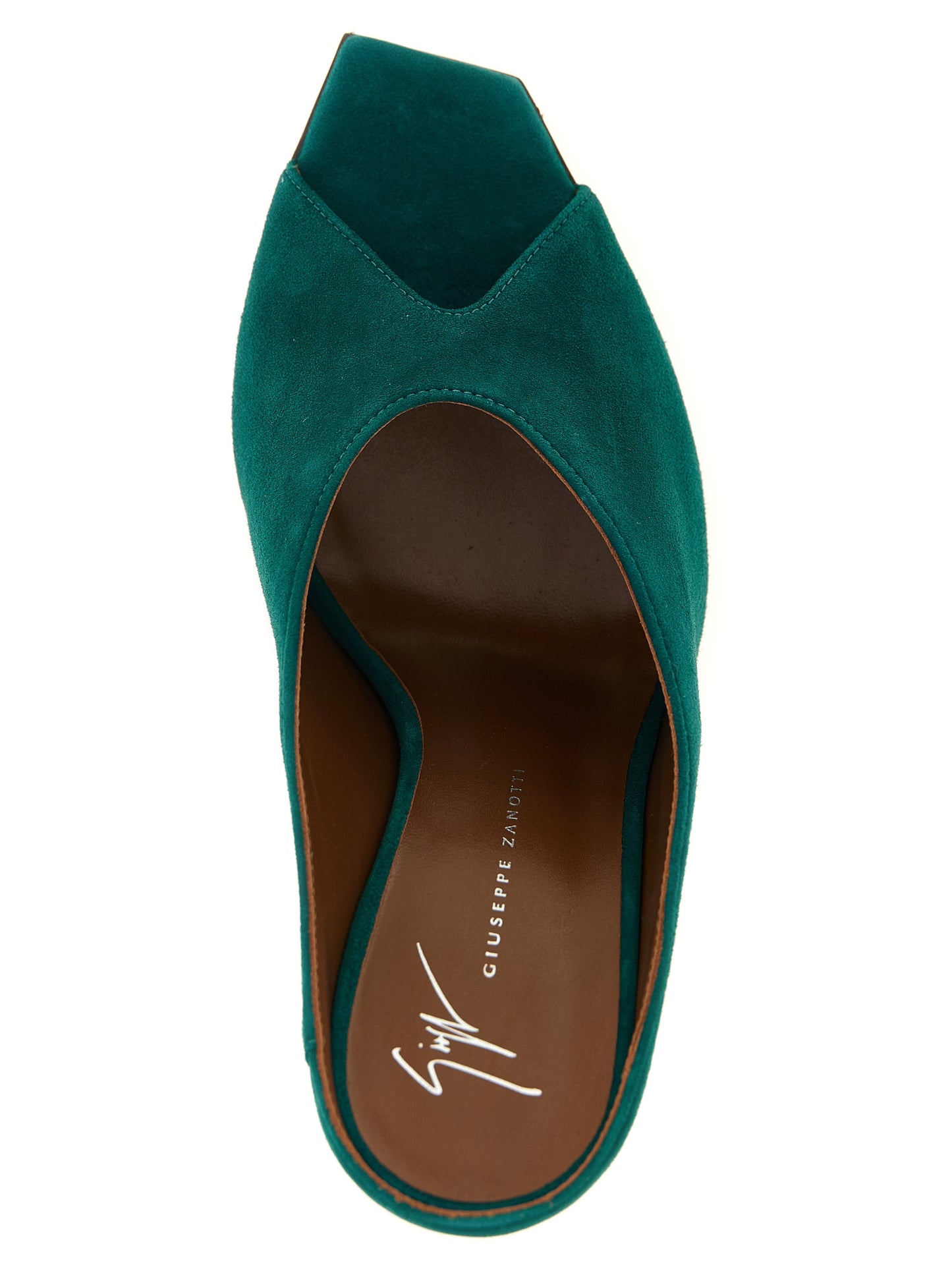 Stiletto Sandals by Giuseppe Zanotti for women in suede leather bicolour, emerald, gold, green & signature presents a sculptural silhouette, showcasing the Women's Suede Leather Stiletto Sandals design with a sculptural stiletto and for a premium look.
