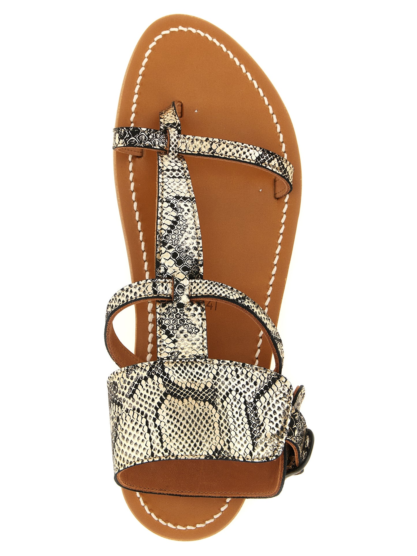 Flat Thong Sandals by K.JACQUES SAINT TROPEZ for women in goatskin python leather gray, gold, white & print presents a sculptural silhouette, showcasing the Women's Goatskin Python Leather Flat Thong Sandals design with a sculptural flat and for a premium look.