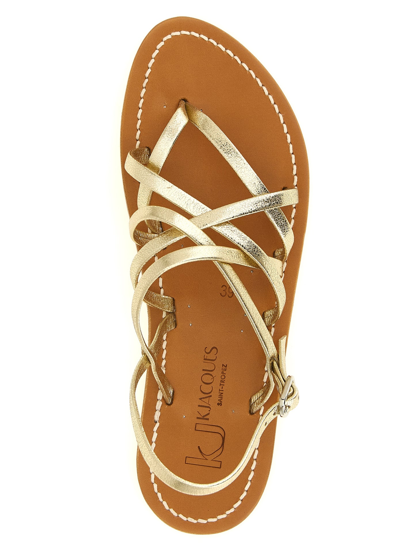 Flat Toe-Ring Sandals by K.JACQUES SAINT TROPEZ for women in calfskin leather gold & natural features an effortlessly chic silhouette from the Women's Calfskin Leather Flat Toe-Ring Sandals collection, showcasing a effortlessly chic flat and elegant .