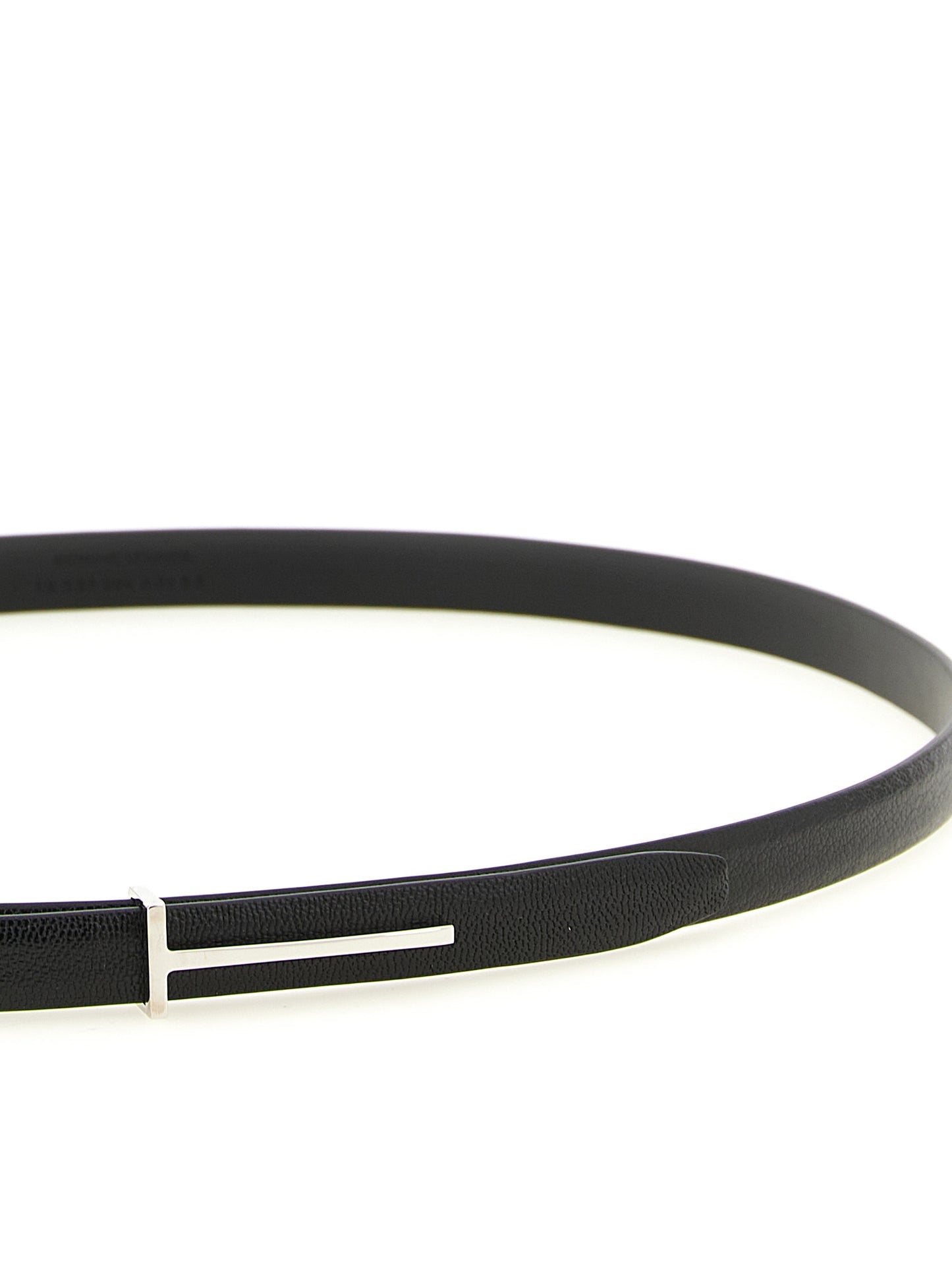 Belt by Tom Ford for men in goatskin leather black, palladium & signature features a versatile silhouette, artfully showcasing the versatile design of the Icon Goatskin Leather Belt for a sophisticated, premium finish.