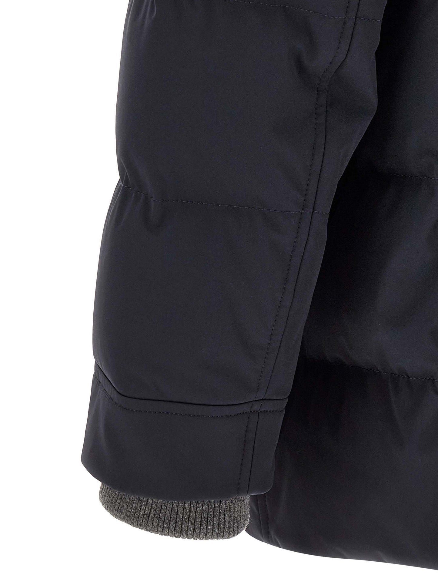Hooded Parka by Brunello Cucinelli for men in polyamide & goose-down dark-blue & silver, presenting a cosy silhouette with distinctive pockets, hooded & insulated and a refined hooded high-neck neckline.