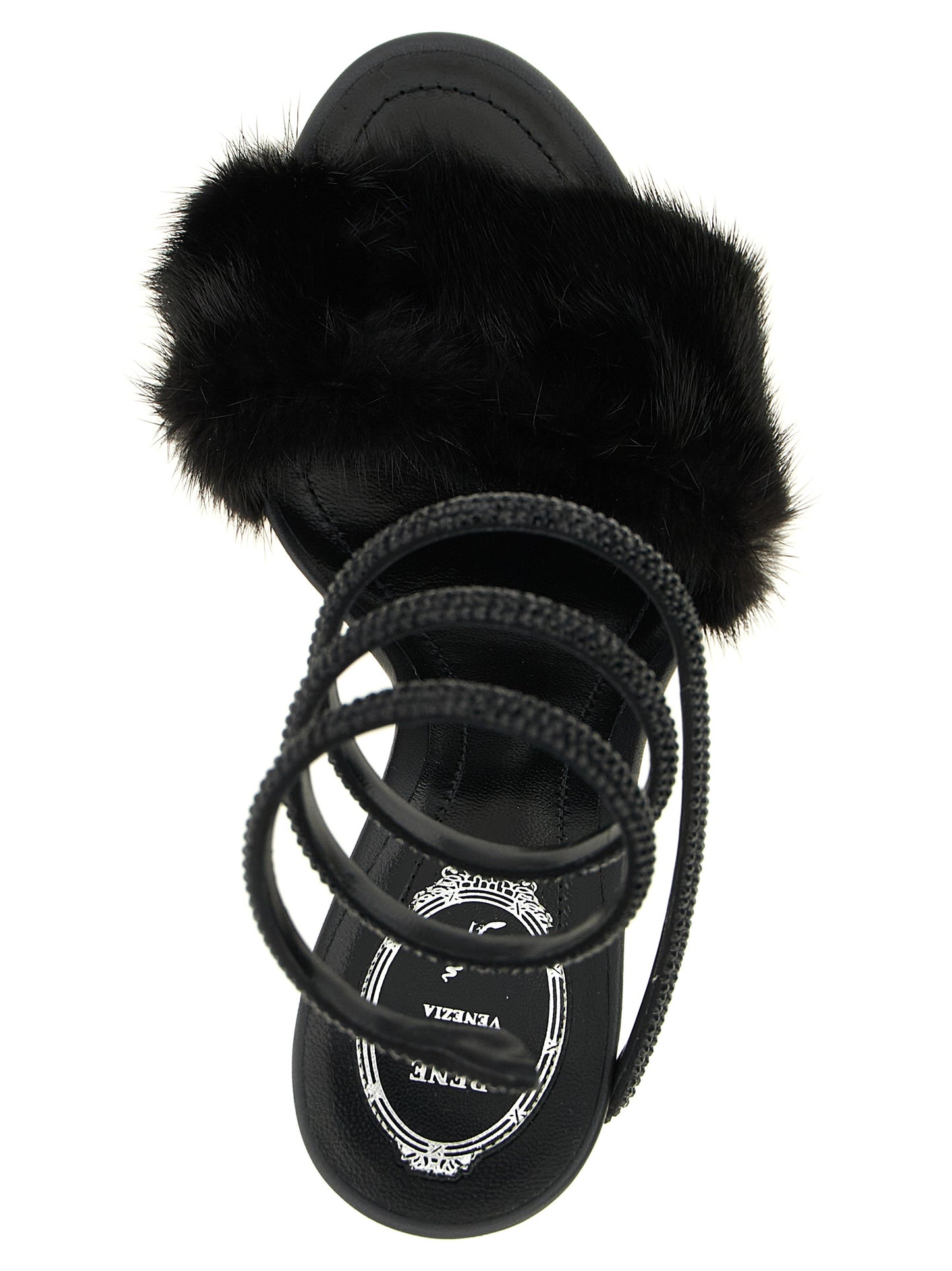 Stiletto Ankle Strap Sandals by RENE CAOVILLA for women in leather & fur black & silver features an exquisite silhouette, showcasing the exquisite Women's Leather & Fur Stiletto Ankle Strap Sandals with a stiletto and round toe style.