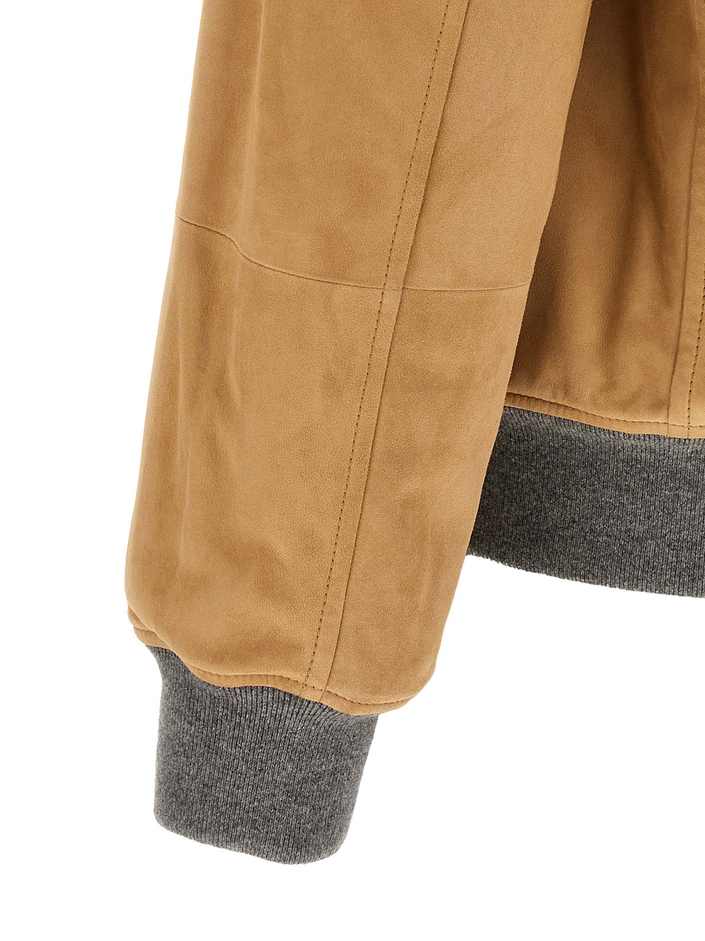 Brunello Cucinelli Men's Lightweight Suede Lamb Leather & Cupro Bomber Jacket - Beige