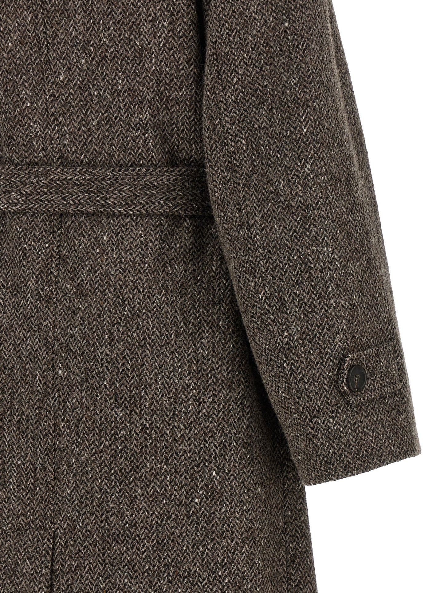 Overcoat by Brunello Cucinelli for women in silk crepe & virgin wool brown, patterned & chevron presents a luxurious silhouette, showcasing a luxurious and sophisticated for a premium, luxurious look.