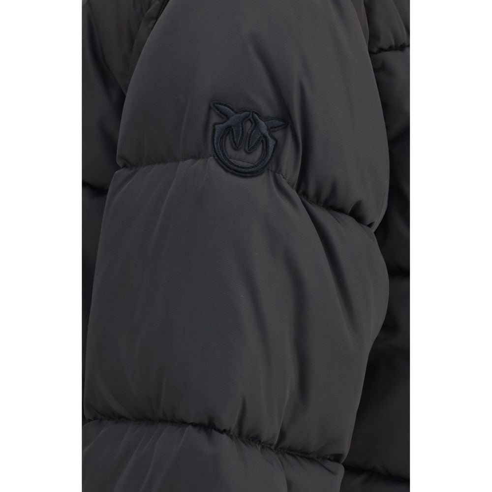 Hooded Puffer Jacket by PINKO for women in polyester goose down & faux fur brown features a dramatic silhouette, showcasing a sophisticated hooded neckline and distinctive pockets, hooded & insulated for a dramatic aesthetic.