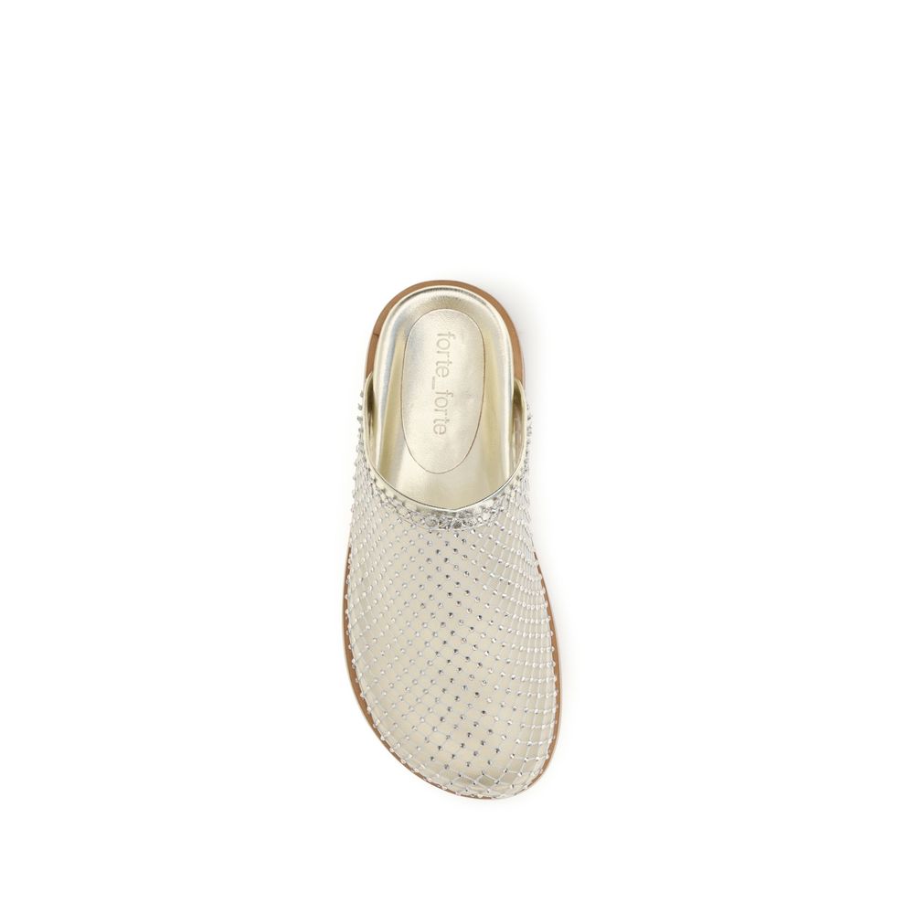 Mules Flat Shoes by Forte_Forte for women in fabric mesh & rhinestone silver & transparent features an captivating silhouette, showcasing the captivating style of the Women's Fabric Mesh & Rhinestone Mules Flat Shoes with its distinct and refined .