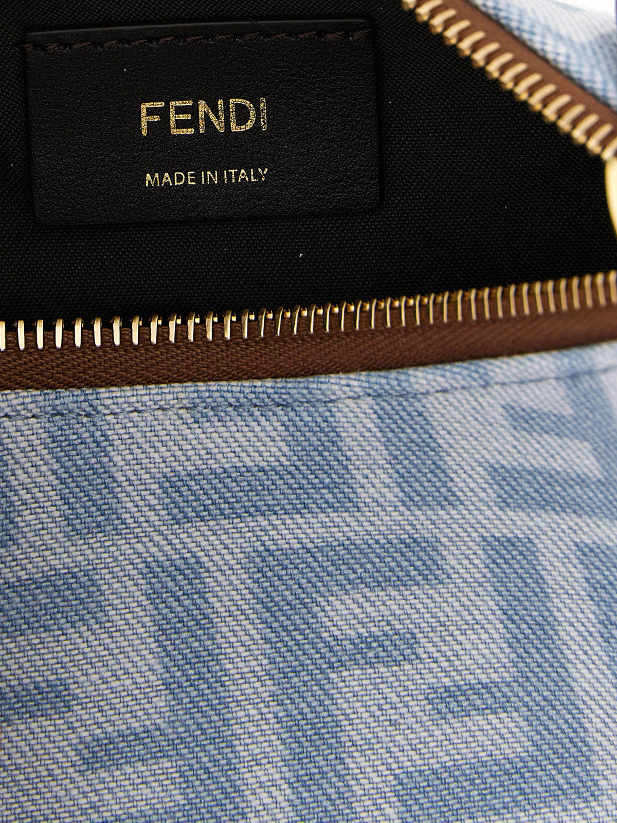 Fendi Fendigraphy Denim Cotton Polyamide Polyurethane Mini Shoulder Hobo Handbag - Brown Gold Light Blue Patterned Monogram