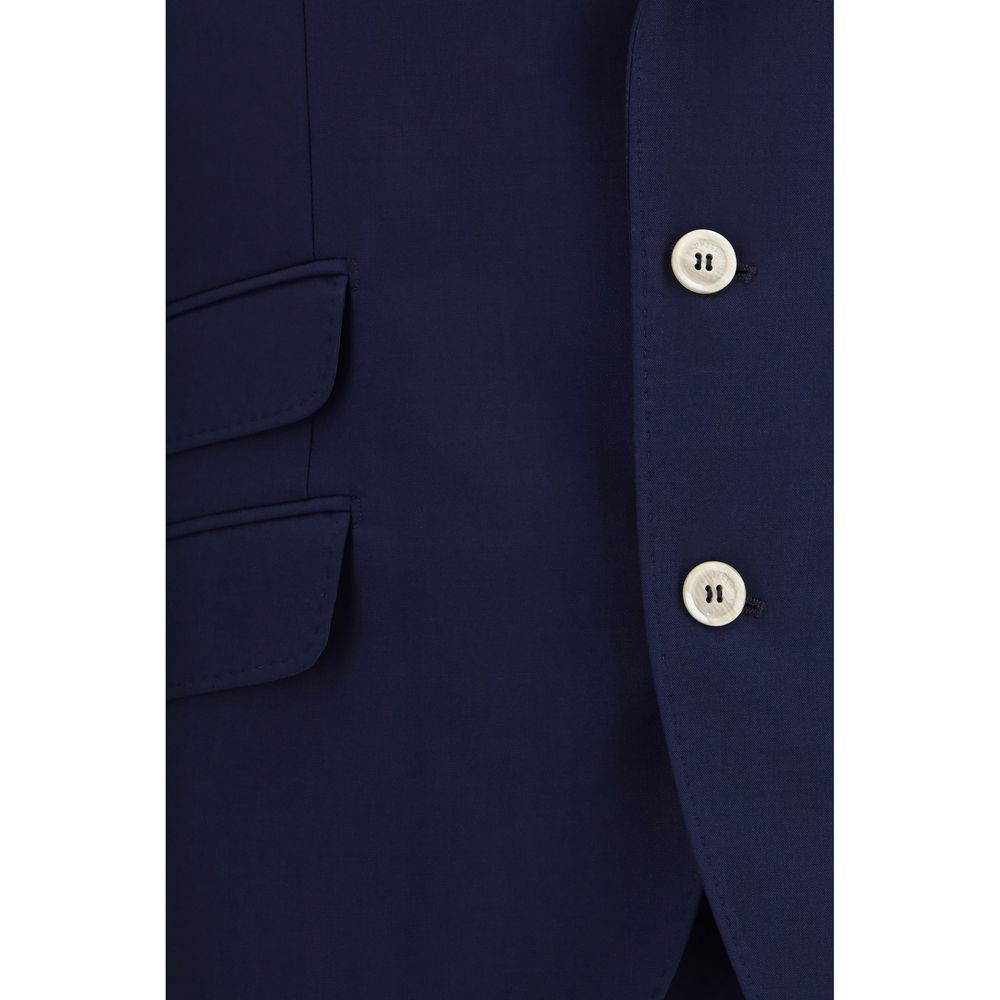 Pant Suit by Brunello Cucinelli for men in wool blue showcases a sartorial silhouette, artfully detailed with a sophisticated and a sartorial regular-fit for a refined, high-fashion aesthetic.