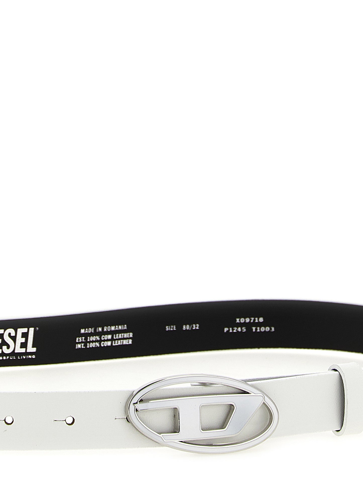 Belt by Diesel for women in leather & metal white features an artisanal finish, elegantly showcasing the signature style and artisanal craftsmanship of the 1 Dr Leather & Metal Belt design.
