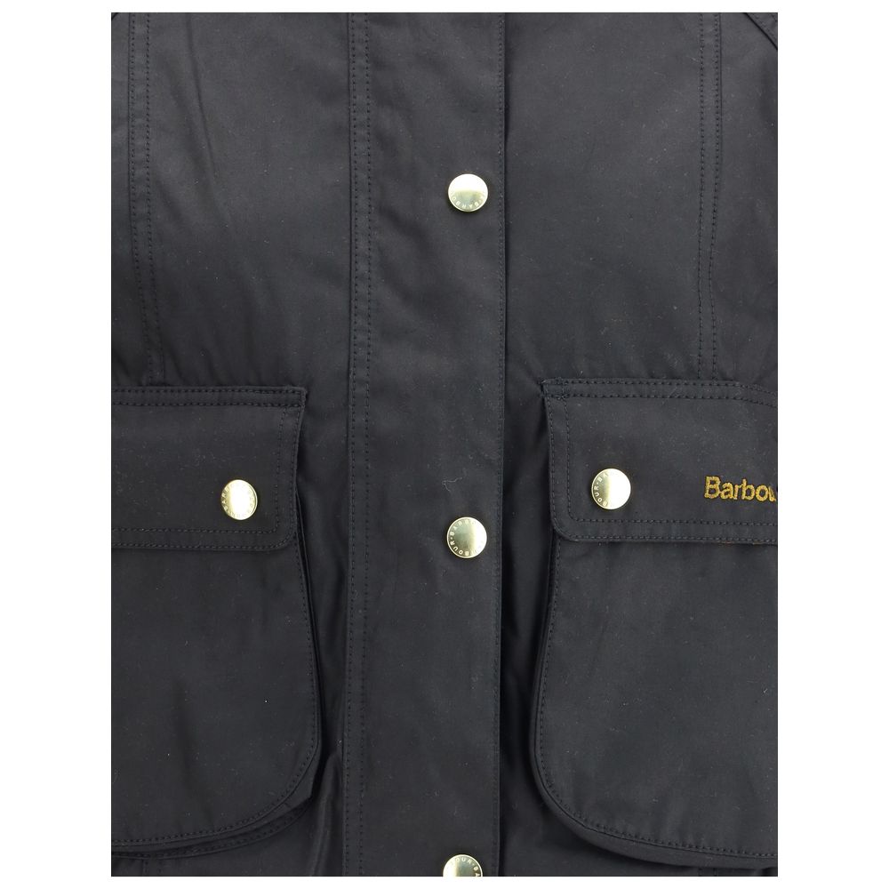 Overcoat by Barbour for women in cotton black, gold & signature features an voluminous silhouette, showcasing distinct pockets and a voluminous for a truly voluminous aesthetic.
