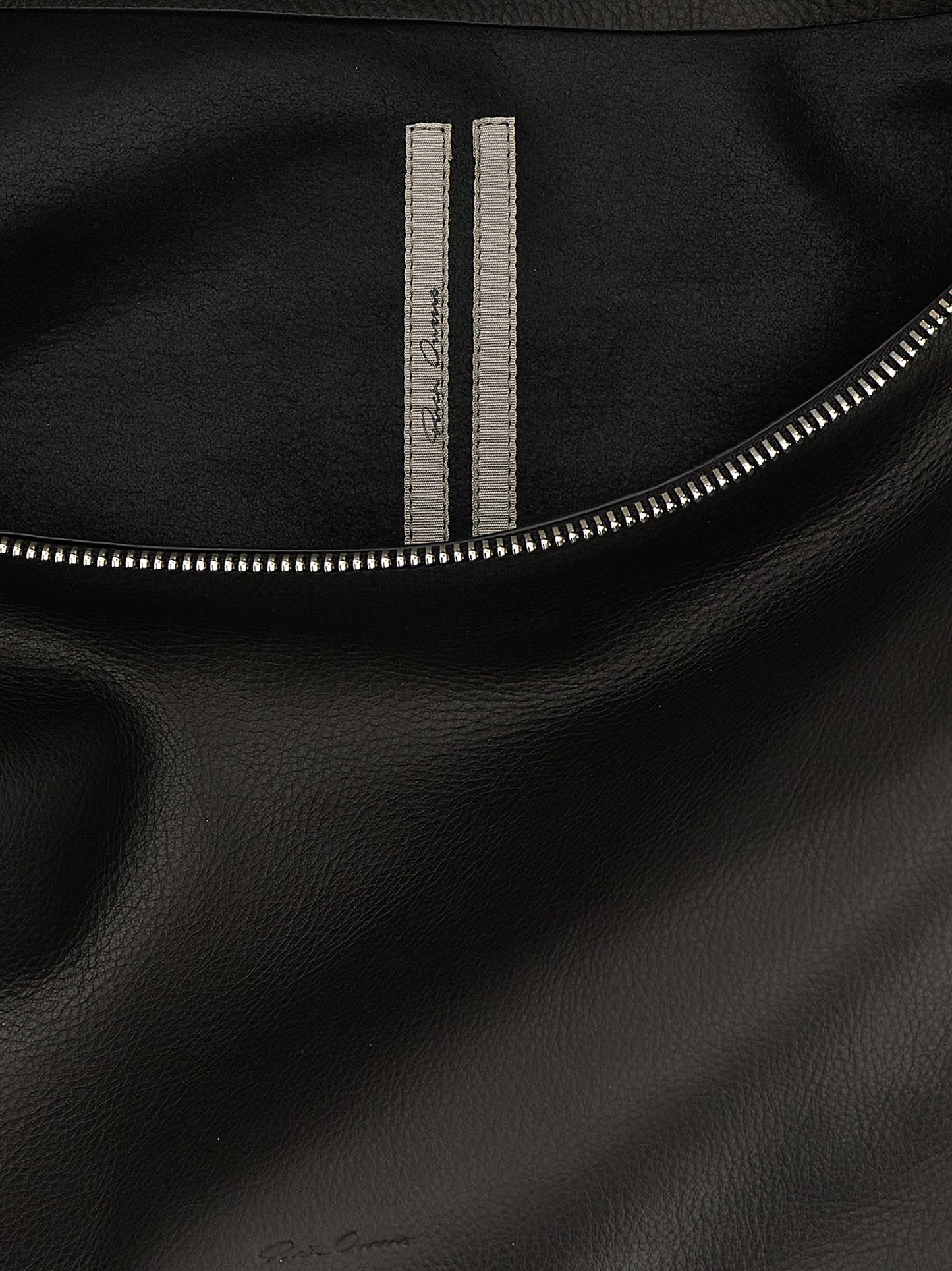 Shoulder Crescent Bag by Rick Owens for women in calfskin leather black, silver, signature & striped features an effortlessly chic silhouette with a secure zipper, ample , and versatile shoulder-strap & handle for effortlessly chic everyday luxury.