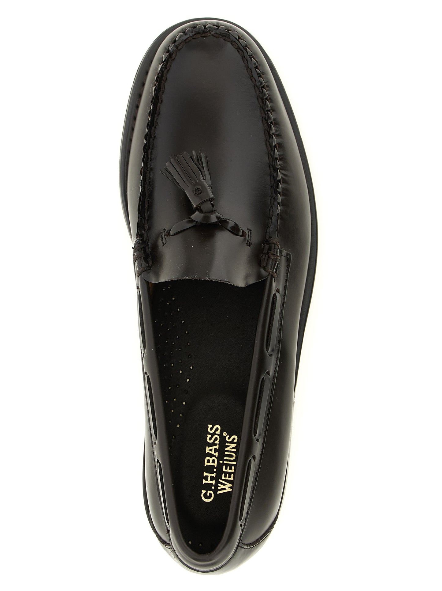 Loafer Slip-On Shoes by G.H. BASS for men in cowhide leather black, brown & gold features an ergonomic silhouette, perfectly showcasing Men's Cowhide Leather Loafer Slip-On Shoes with its distinct and elegant moc toe style.