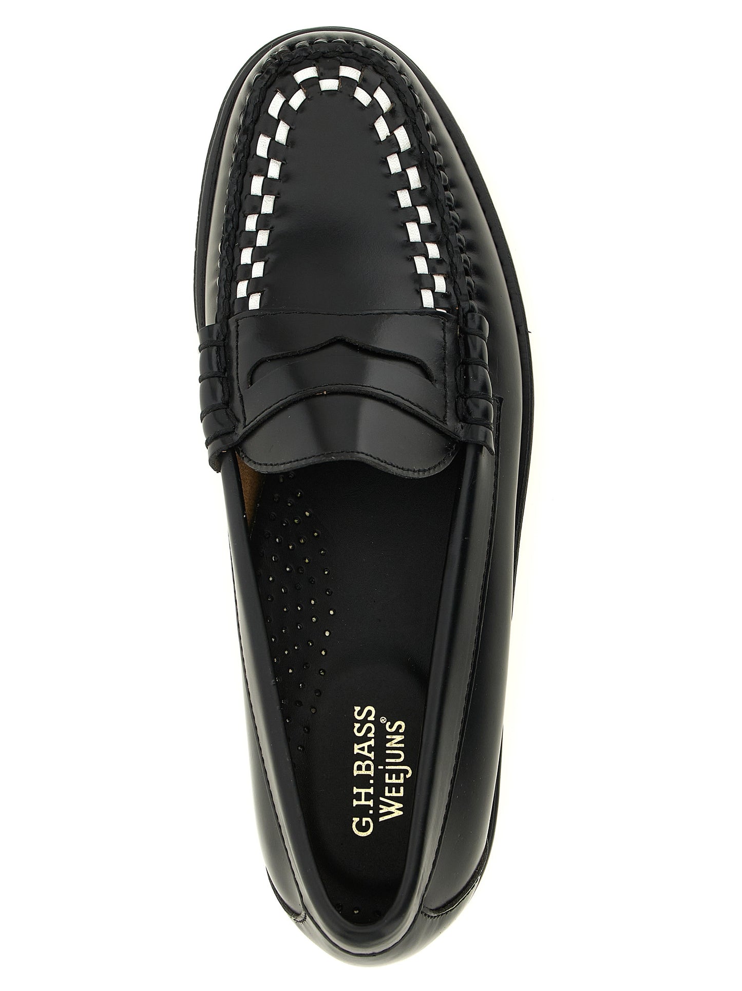 Loafer Slip-On Shoes by G.H. BASS for men in cowhide leather bicolour, black, gold & white features an ergonomic silhouette, perfectly showcasing Men's Cowhide Leather Loafer Slip-On Shoes with its distinct and elegant moc toe style.