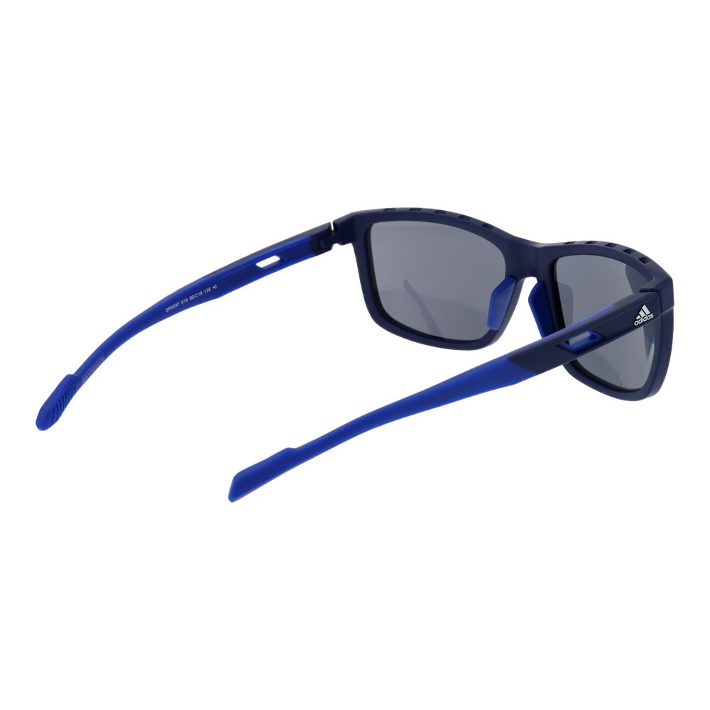 Sunglasses by Adidas for men in blue features an lustrous full-rim sport frame design with blue coloured frame detailing and mirrored category-3-dark-tint lens for a lustrous aesthetic.