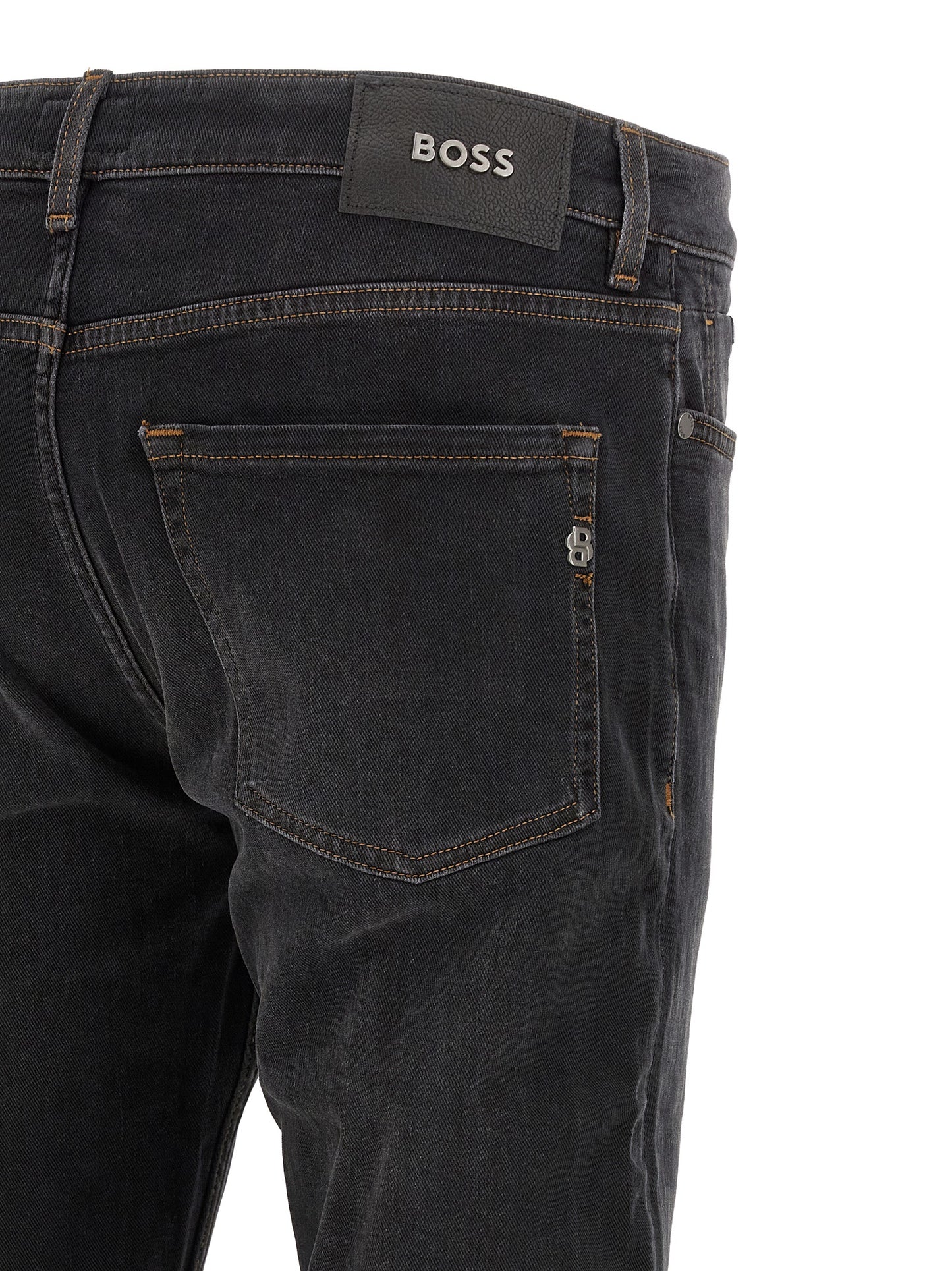 Jeans by Hugo Boss for men in stretch denim cotton black & monogram presents a tailored silhouette, showcasing a tailored straight-leg & regular-fit and long cut with a refined for a truly tailored aesthetic.