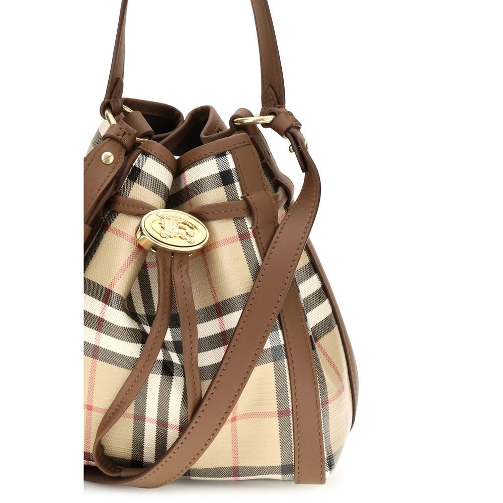 Mini Crossbody Bucket Handbag by Burberry for women in cotton canvas & bos taurus suede calfskin leather beige, patterned & signature features an effortlessly chic silhouette, showcasing a secure drawstring, effortlessly chic , and versatile crossbody-strap, shoulder-strap, handle & adjustable-strap.