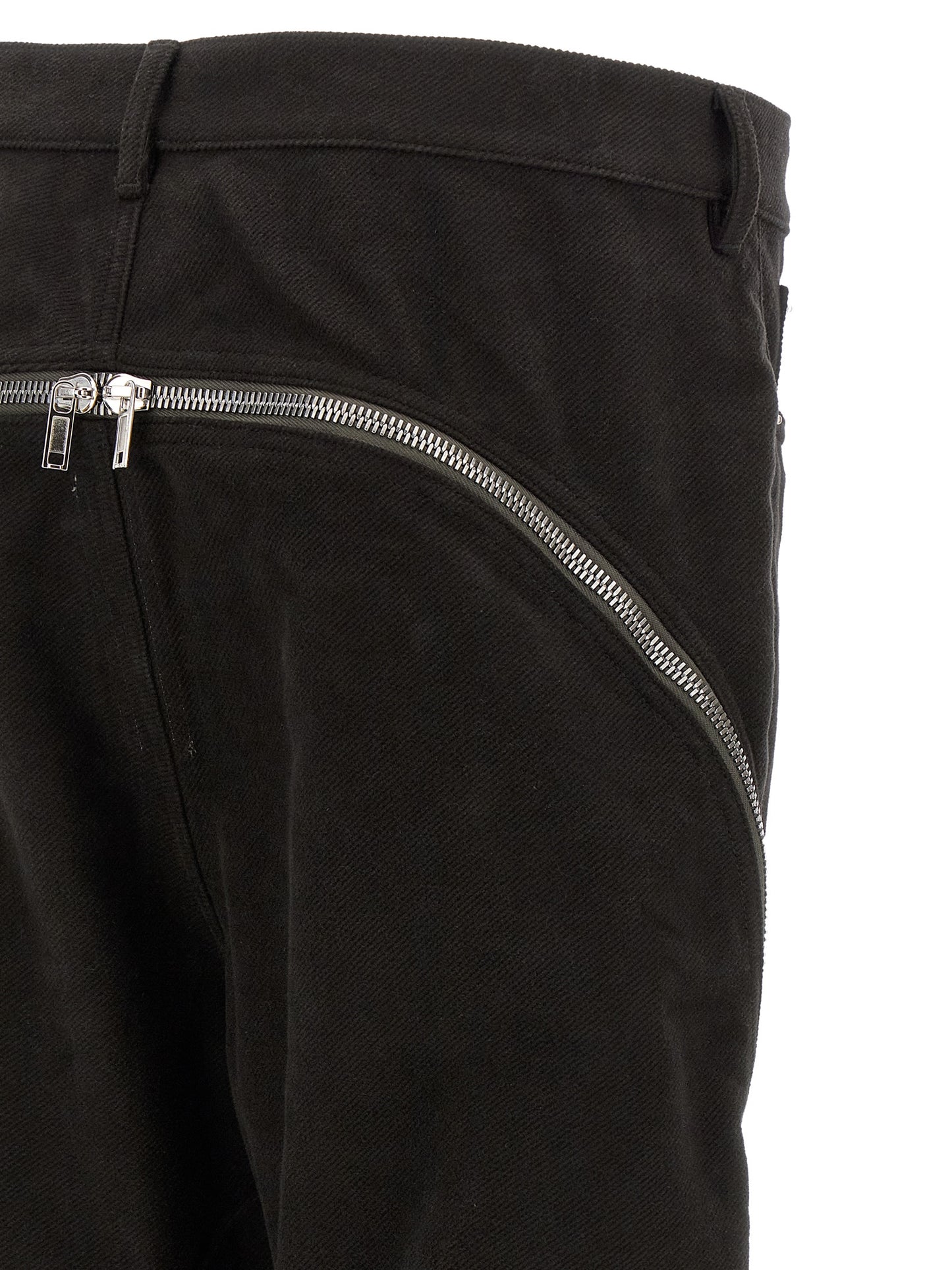 Trousers by Rick Owens for men in cotton black & silver features a tailored silhouette with a tailored flared, defined by its long and a sophisticated .
