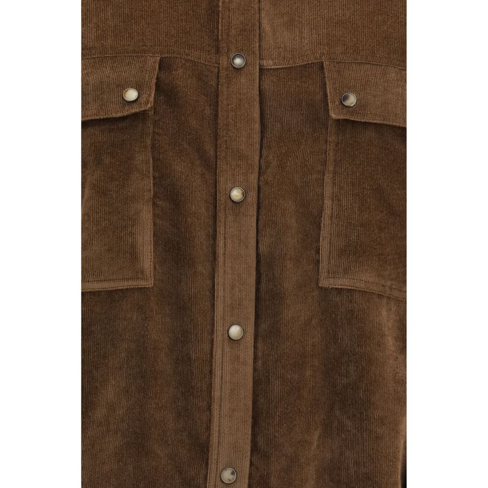 Shirt by Brunello Cucinelli for women in capra leather & viscose corduroy brown showcases a sleek silhouette, elegantly detailed with a sleek and for a sleek finish.