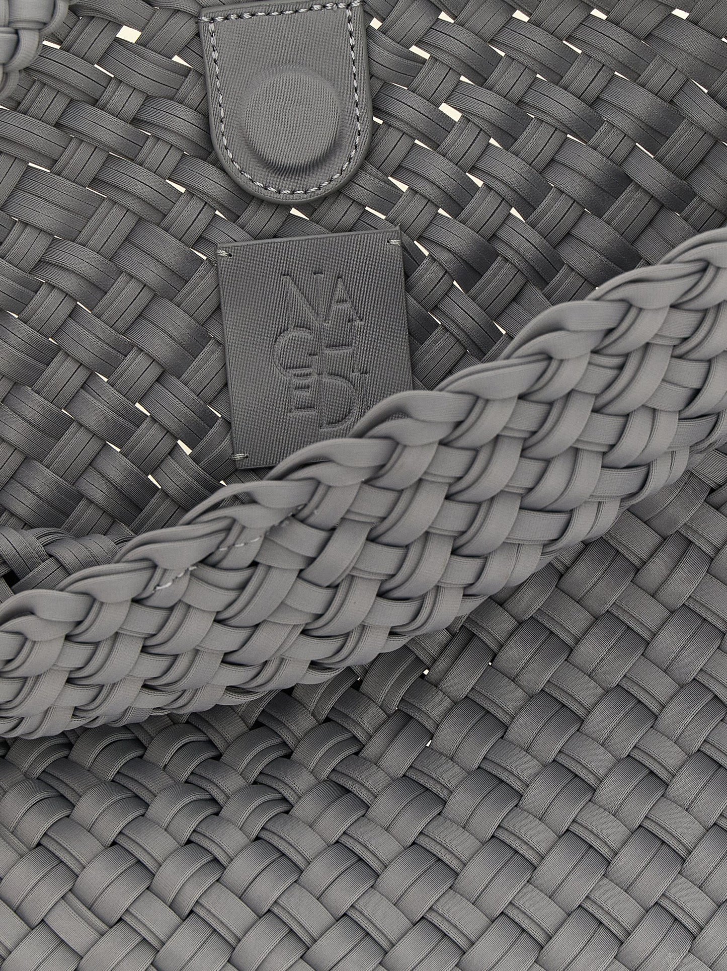 Evening Frame Clutch Shoulder Bag by NAGHEDI for women in nylon & neoprene gray, navy & signature features a distinguished silhouette, showcasing a secure magnetic and distinguished with versatile shoulder-strap & handle for a distinguished finish.