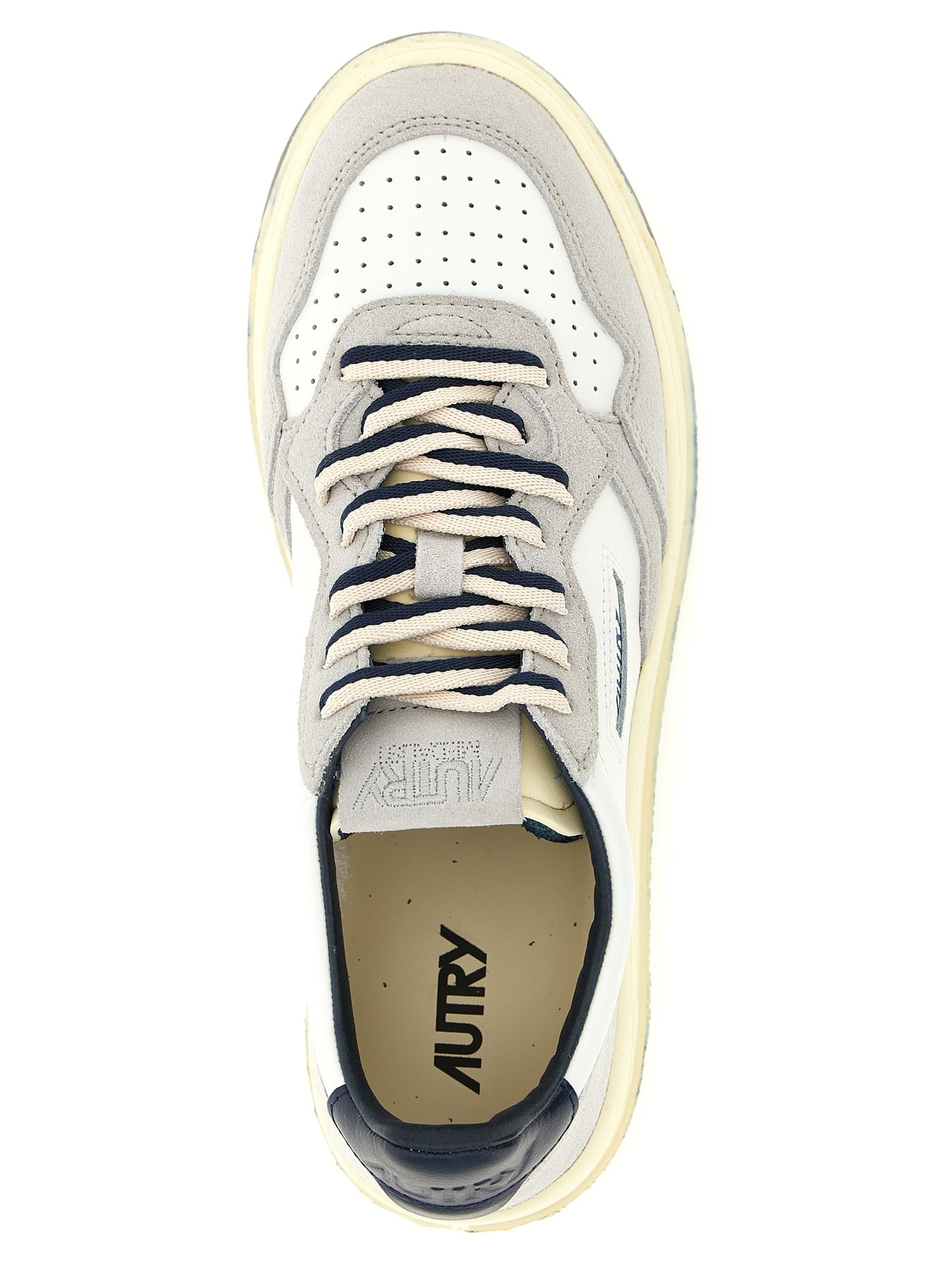 Athletic Sneakers by Autry for men in cotton & cowhide suede leather multicolor & navy features an timeless silhouette from the Men's Low Top Cotton & Cowhide Suede Leather Athletic Sneakers collection, showcasing a timeless low-top style for a timeless look.