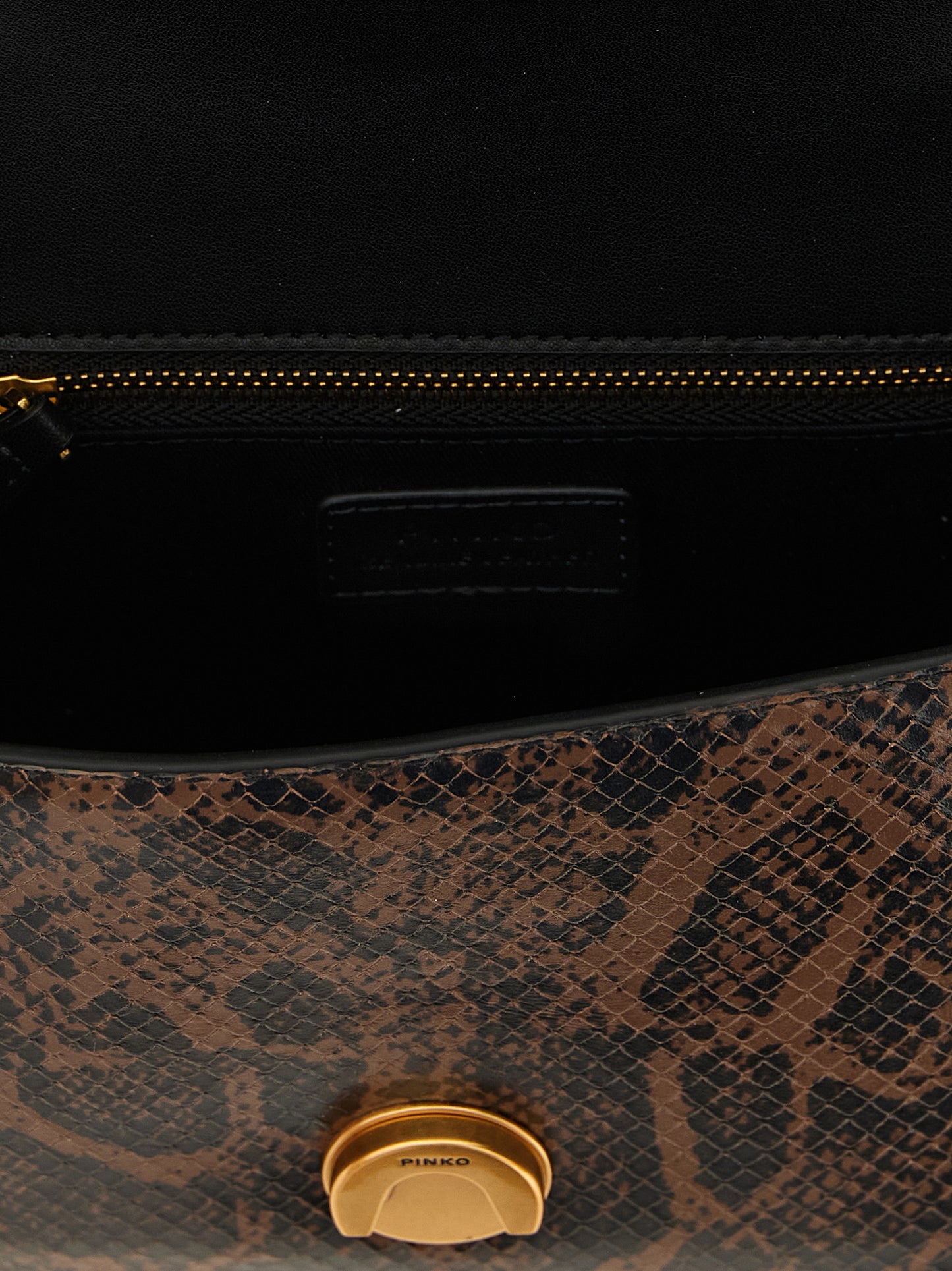 This Mini Crossbody Flap Handbag by PINKO for women in bos taurus calfskin & python leather and bicolour, brown, gold, green, signature & print presents a sculptural silhouette featuring a secure snap, flap & buckle, ample , and versatile crossbody-strap, shoulder-strap, handle, adjustable-strap & detachable-strap for a sculptural finish.