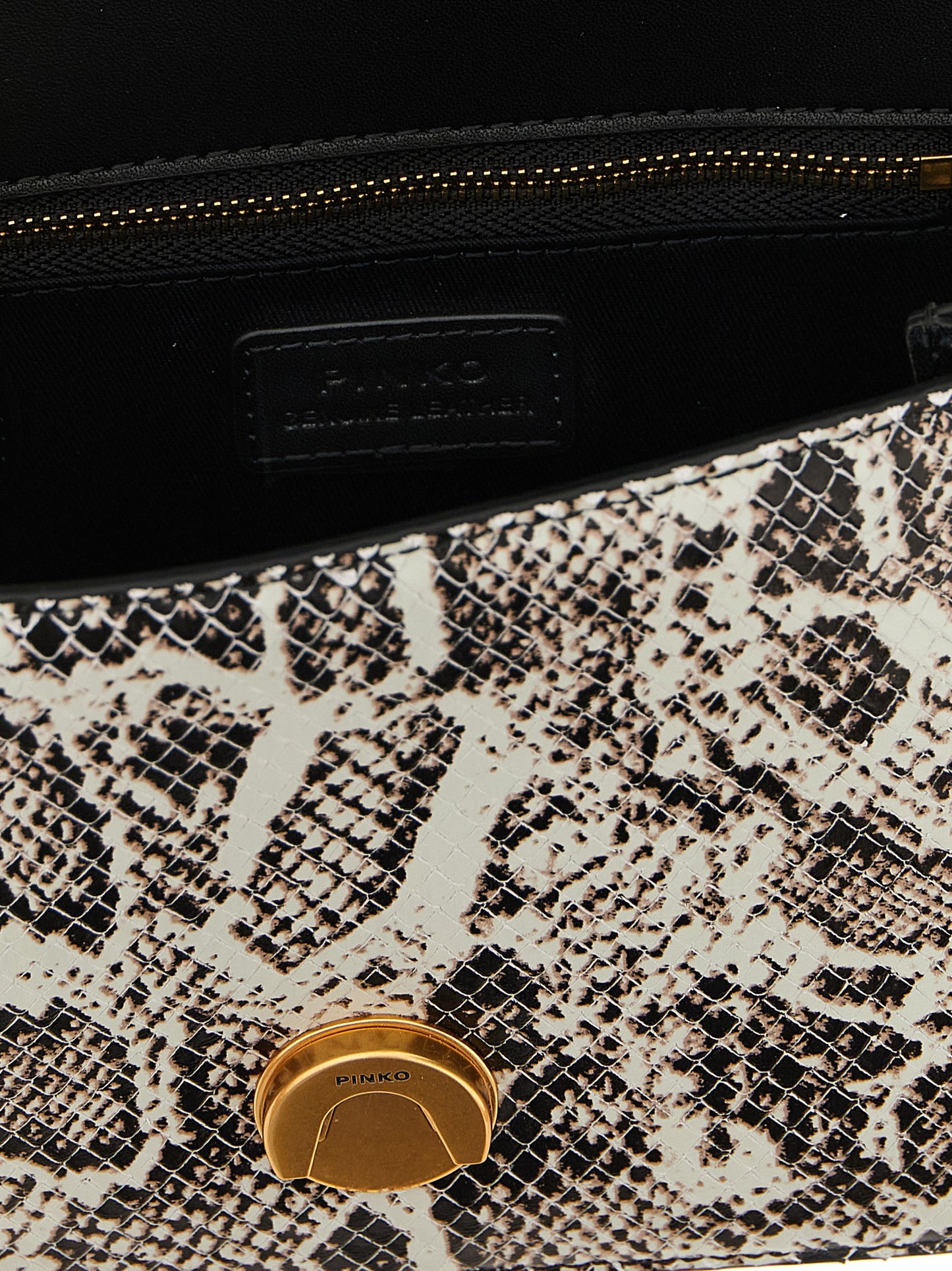 Evening Handbag by PINKO for women in bos taurus calfskin & python leather bicolour, gray, gold, green & print features a signature silhouette, showcasing a secure snap, flap & buckle and signature with versatile shoulder-strap, handle & adjustable-strap for a sophisticated look.