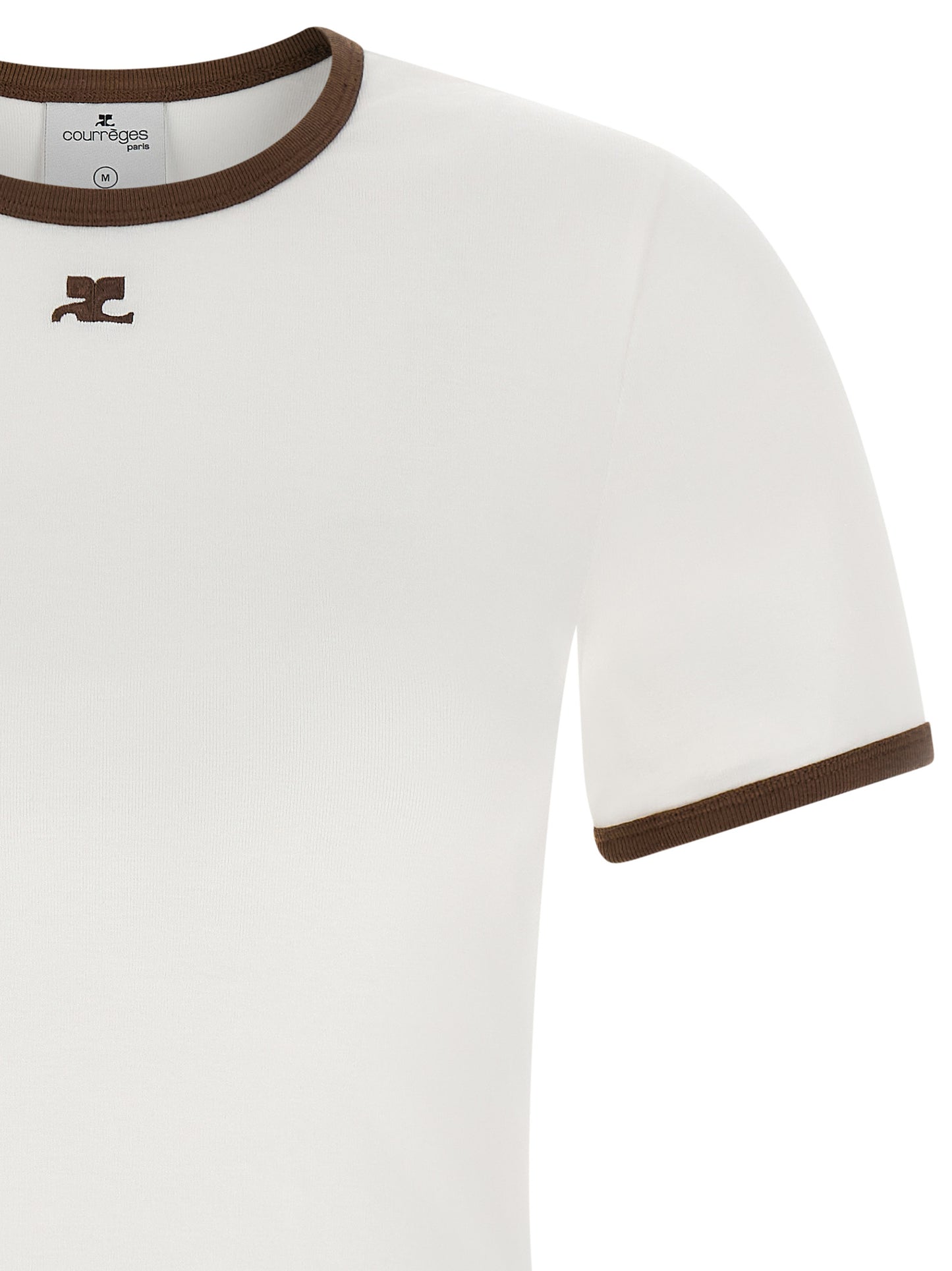 T-Shirt by Courrèges for women in cotton canvas & acetate brown, white & signature features a plush silhouette, showcasing a sophisticated and for a truly plush finish.