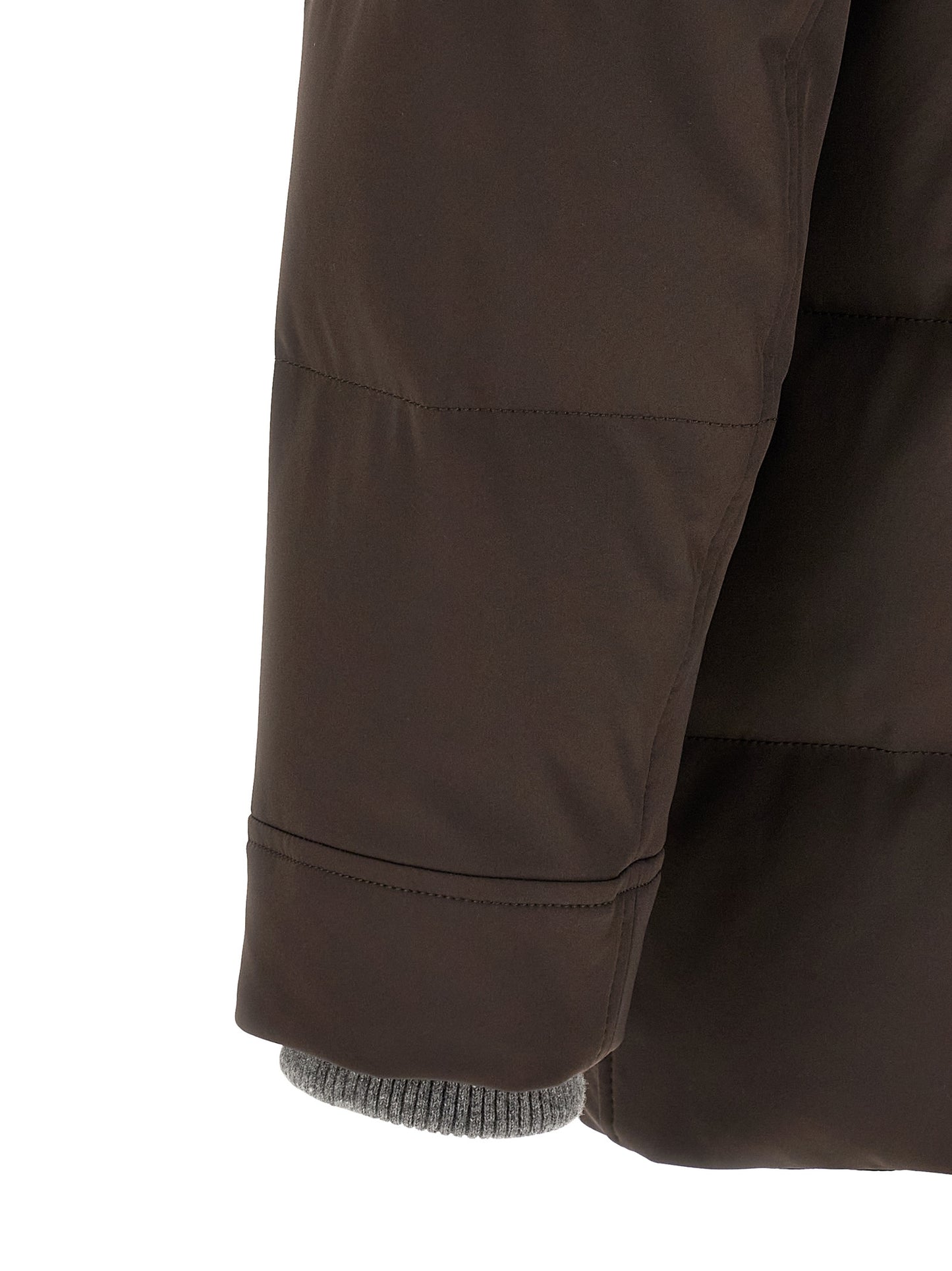 Hooded Parka by Brunello Cucinelli for men in nylon & goose-down brown, gray & silver features an avant garde silhouette, showcasing refined thermal, pockets, hooded & insulated and a sophisticated for a polished look.