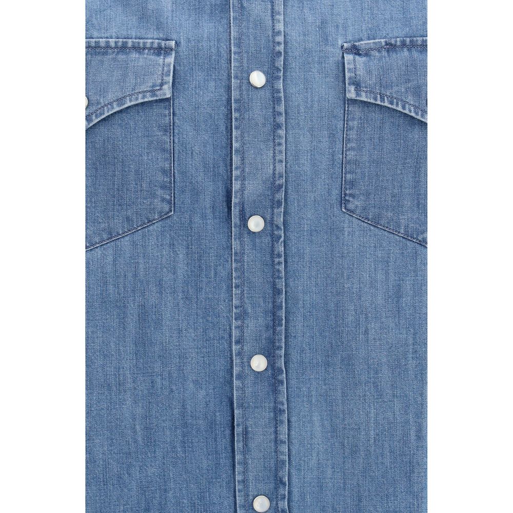 Shirt by Brunello Cucinelli for men in denim cotton blue & pearl, featuring a nuanced and nuanced for a sophisticated finish.