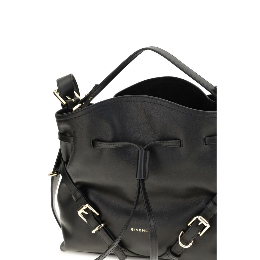 Medium Crossbody Bucket Handbag by Givenchy for women in bos taurus suede calfskin leather bicolour, black, gold, green & signature features a effortlessly chic silhouette, showcasing a secure snap, flap, drawstring & buckle with ample and versatile crossbody-strap, shoulder-strap, handle, adjustable-strap & detachable-strap for a effortlessly chic finish.