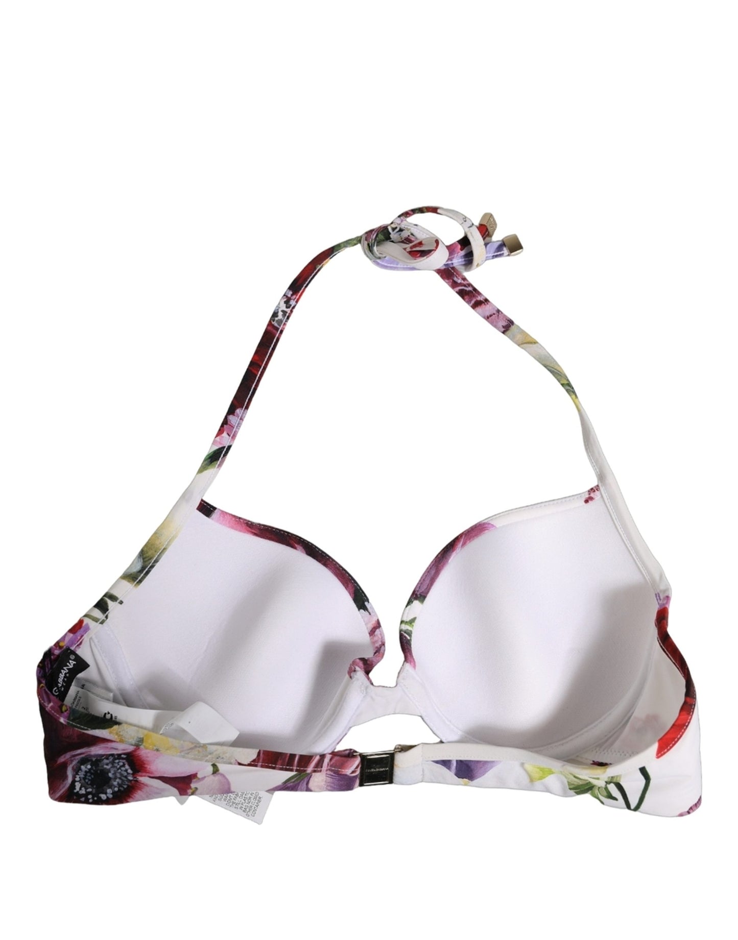 Dolce & Gabbana White Floral Print Nylon Beachwear Bikini Top