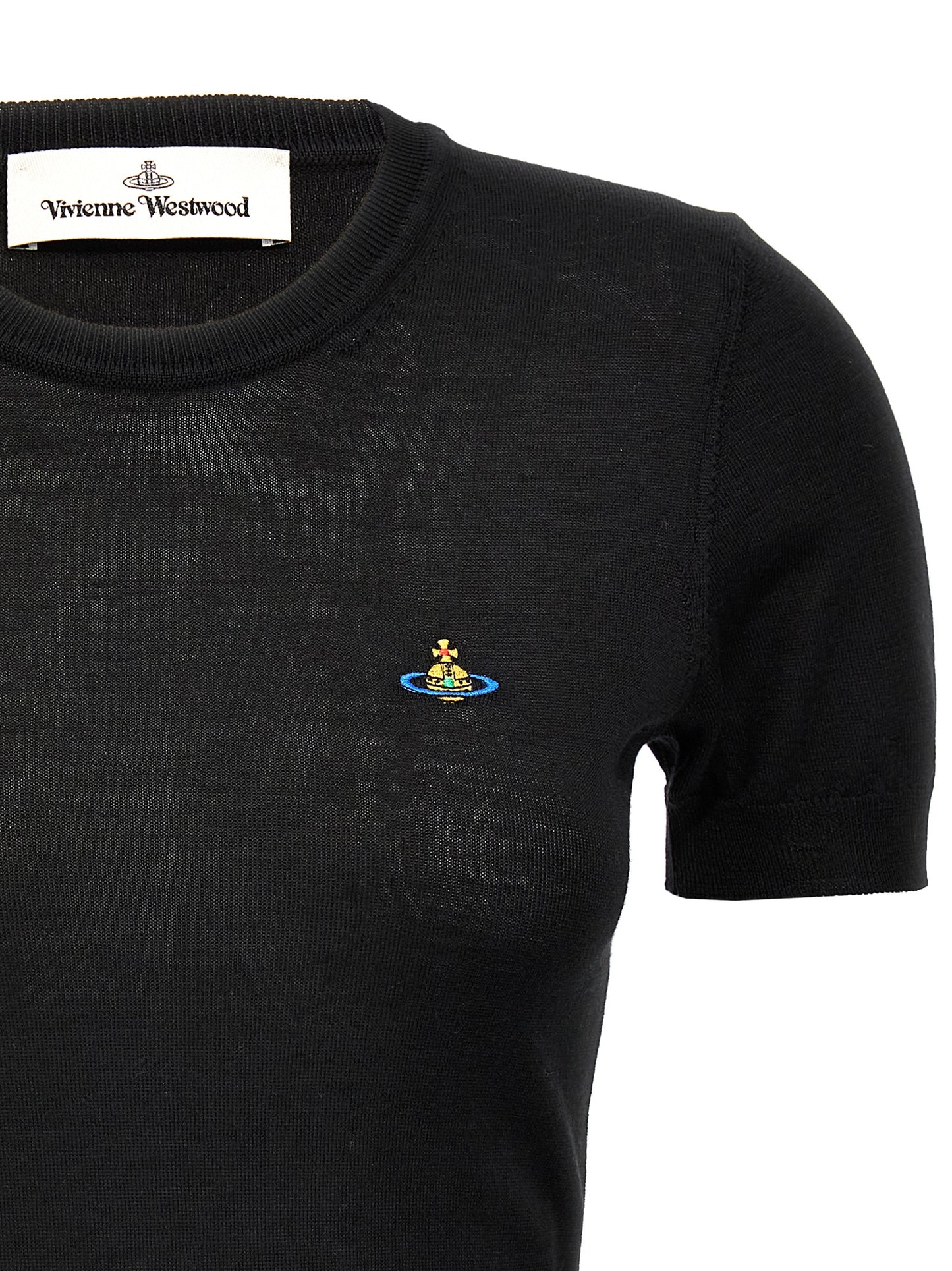 T-Shirt by Vivienne Westwood for women in organic cotton black showcases a dramatic silhouette, elegantly detailed with a dramatic crew neckline and for a truly dramatic finish.