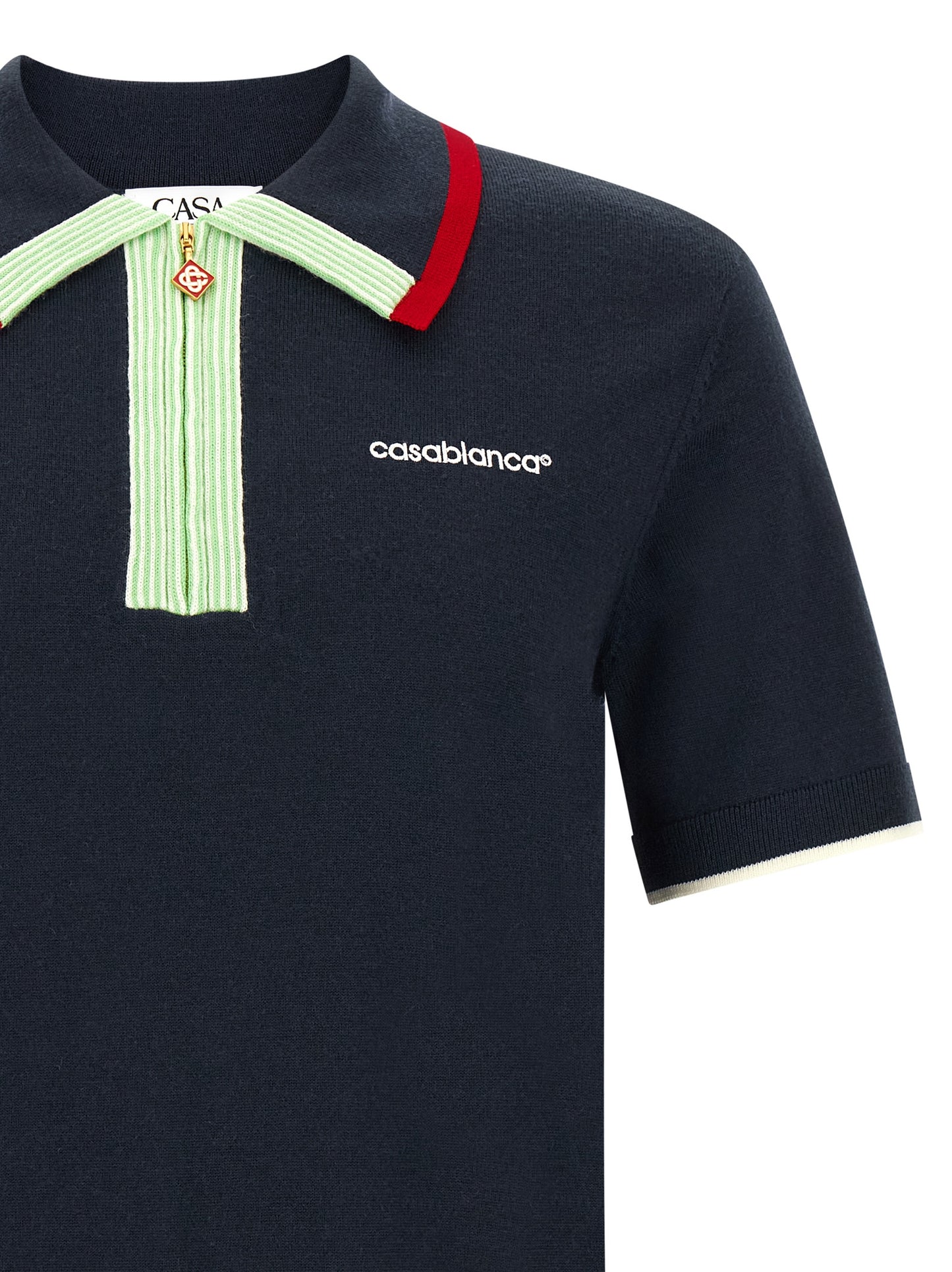 Polo Shirt by Casablanca for men in merino wool gold, green, navy, red, white & signature presents a distinguished silhouette, showcasing a sophisticated and distinguished for a truly distinguished finish.